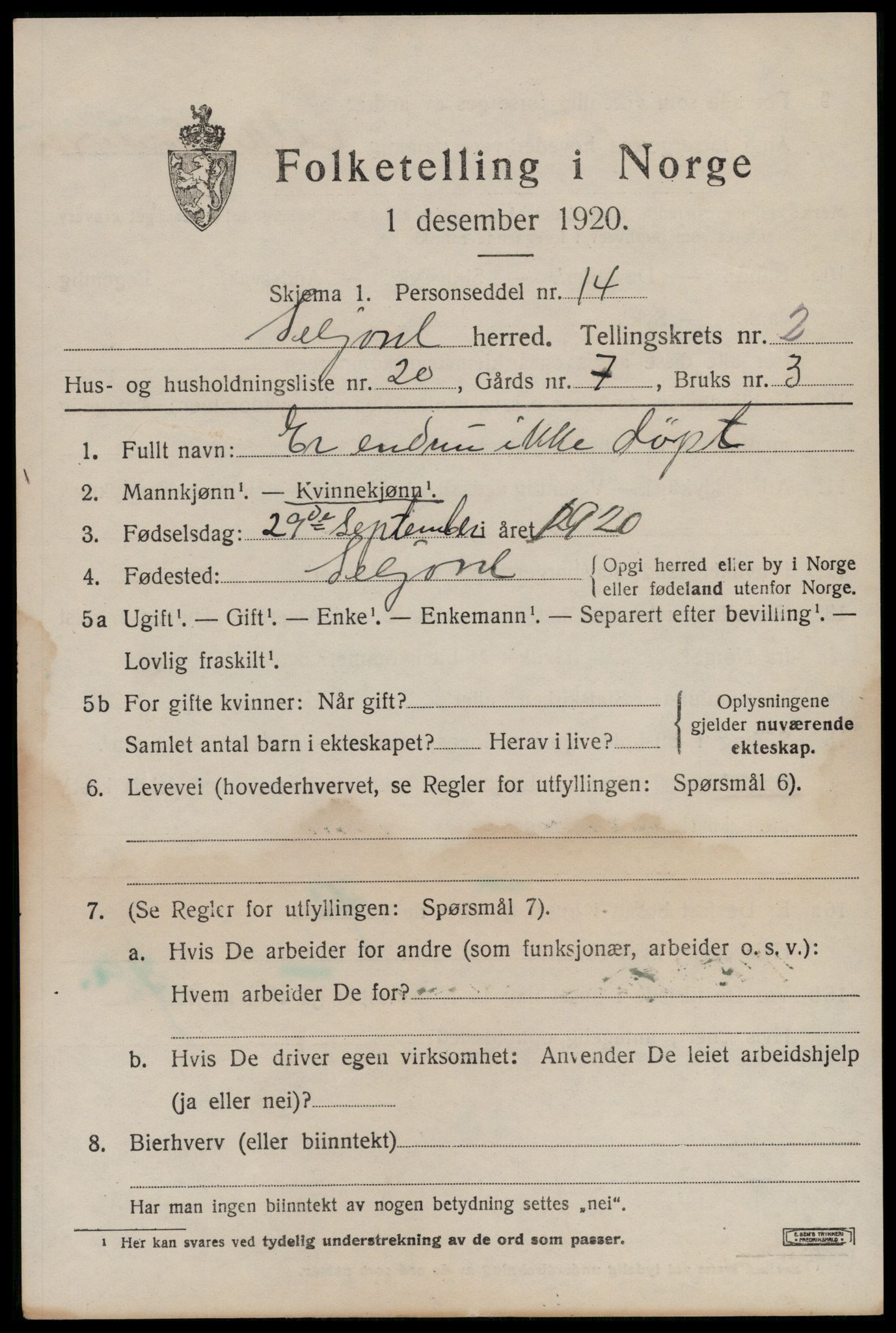 SAKO, 1920 census for Seljord, 1920, p. 1744