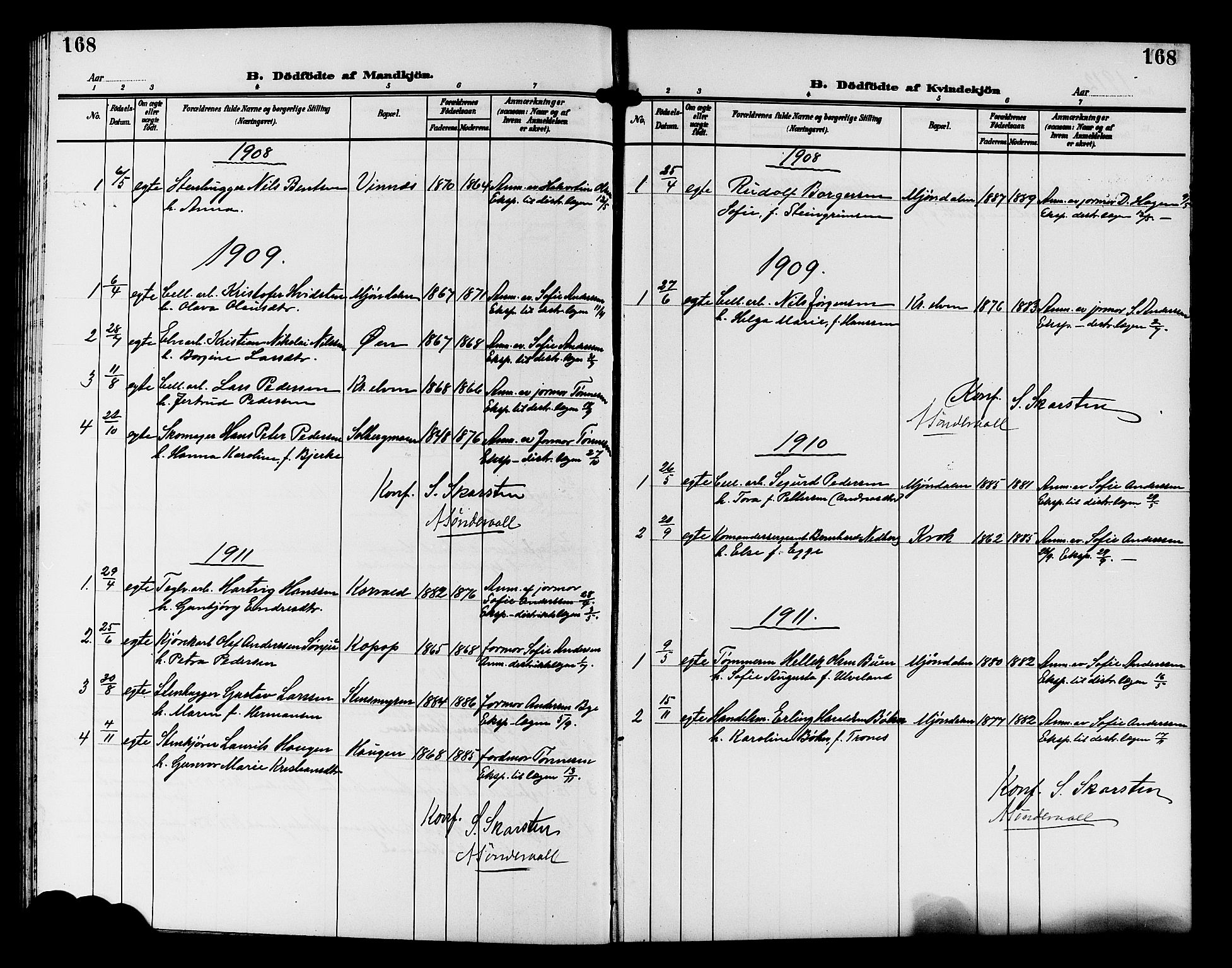 Nedre Eiker kirkebøker, SAKO/A-612/G/Ga/L0004: Parish register (copy) no. 4, 1905-1912, p. 168