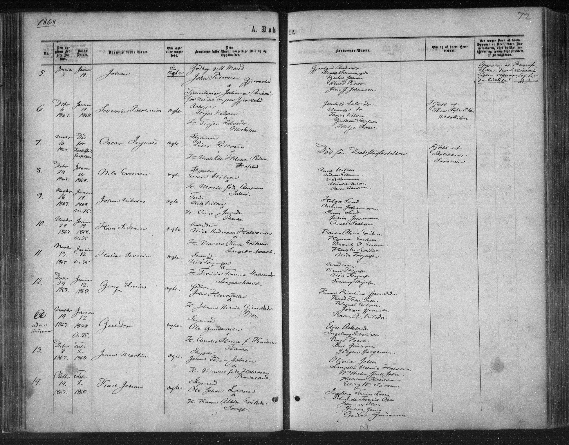 Tromøy sokneprestkontor, SAK/1111-0041/F/Fa/L0007: Parish register (official) no. A 7, 1864-1869, p. 72