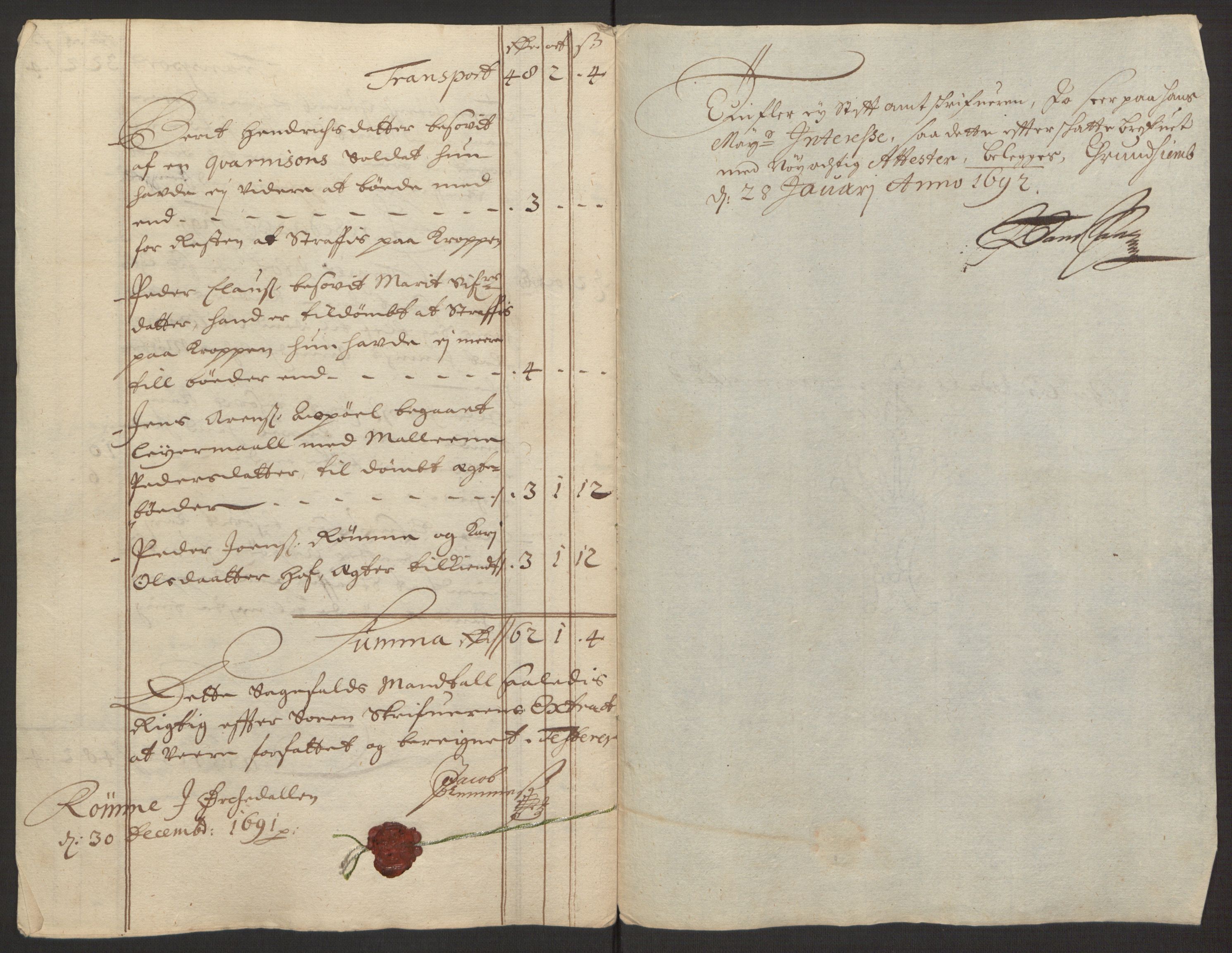 Rentekammeret inntil 1814, Reviderte regnskaper, Fogderegnskap, AV/RA-EA-4092/R58/L3937: Fogderegnskap Orkdal, 1691-1692, p. 134