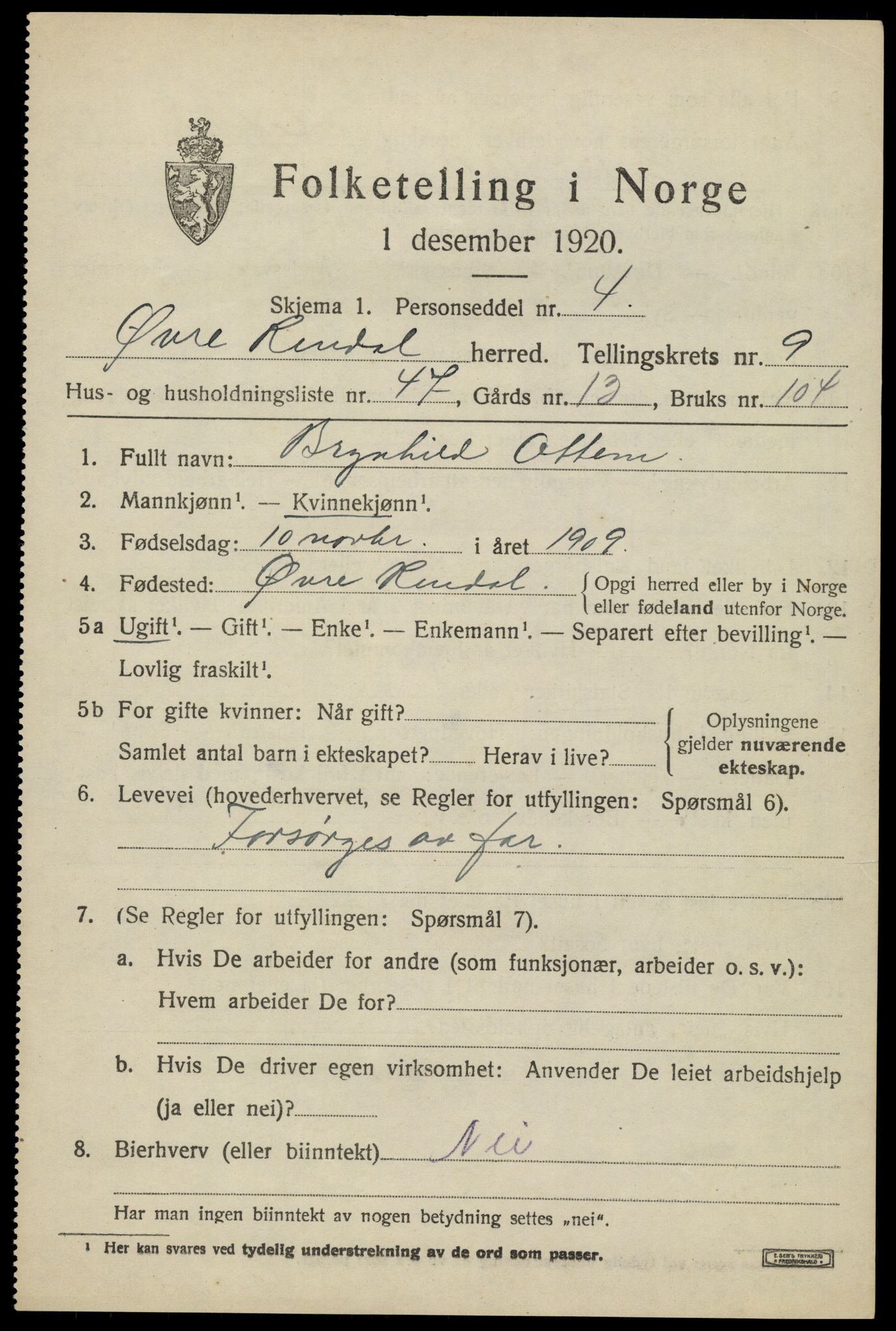 SAH, 1920 census for Øvre Rendal, 1920, p. 3827