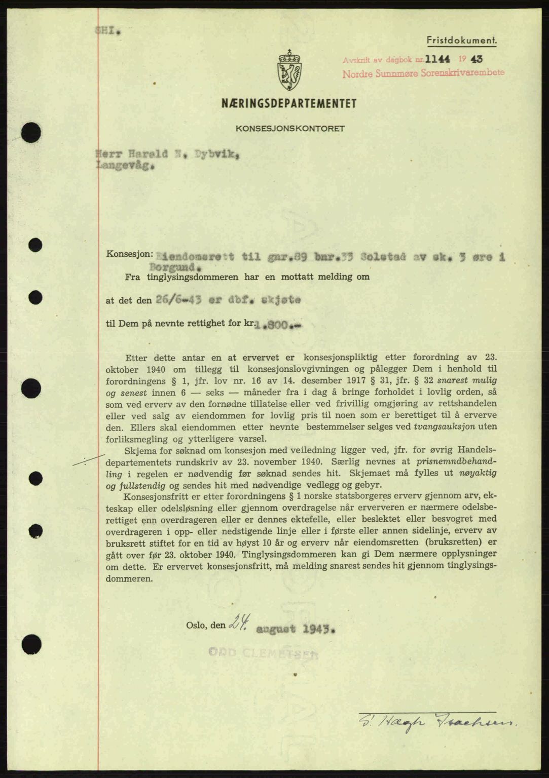 Nordre Sunnmøre sorenskriveri, SAT/A-0006/1/2/2C/2Ca: Mortgage book no. B6-14 a, 1942-1945, Diary no: : 1144/1943