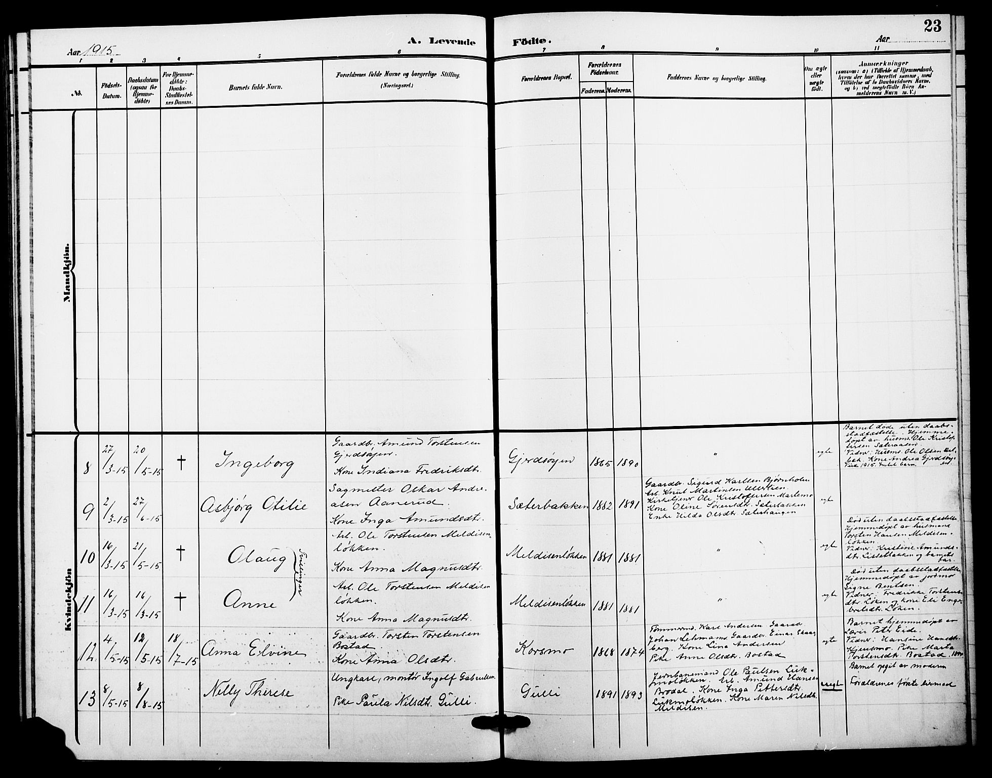 Sør-Odal prestekontor, SAH/PREST-030/H/Ha/Hab/L0007: Parish register (copy) no. 7, 1907-1915, p. 23