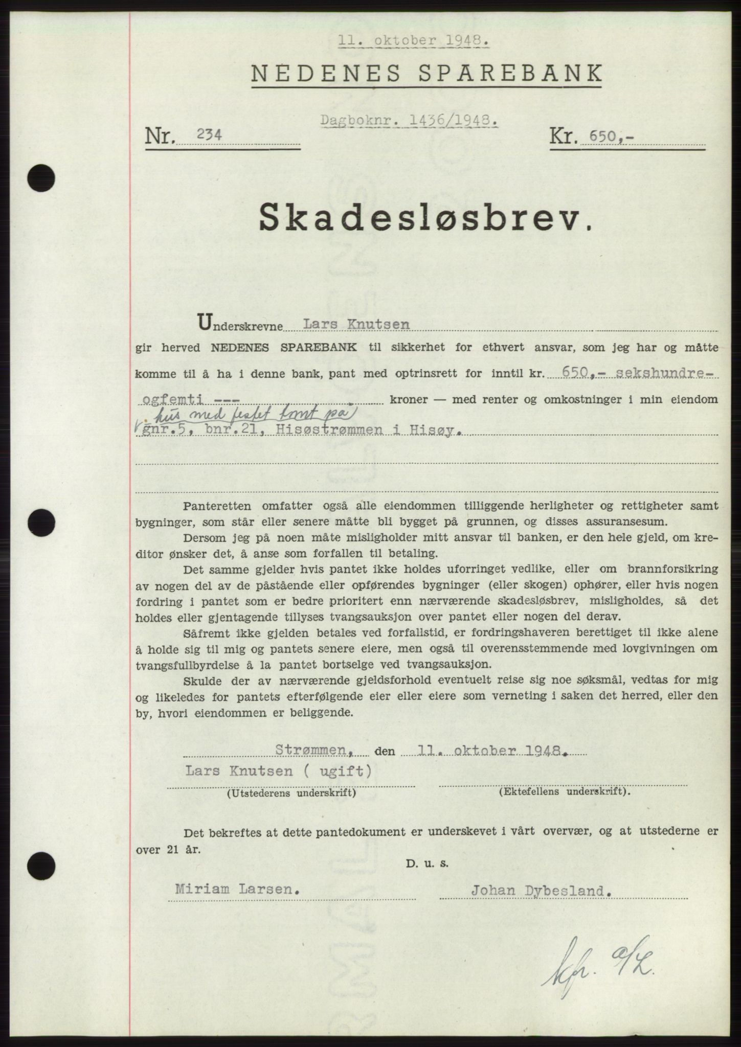 Nedenes sorenskriveri, AV/SAK-1221-0006/G/Gb/Gbb/L0005: Mortgage book no. B5, 1948-1948, Diary no: : 1436/1948