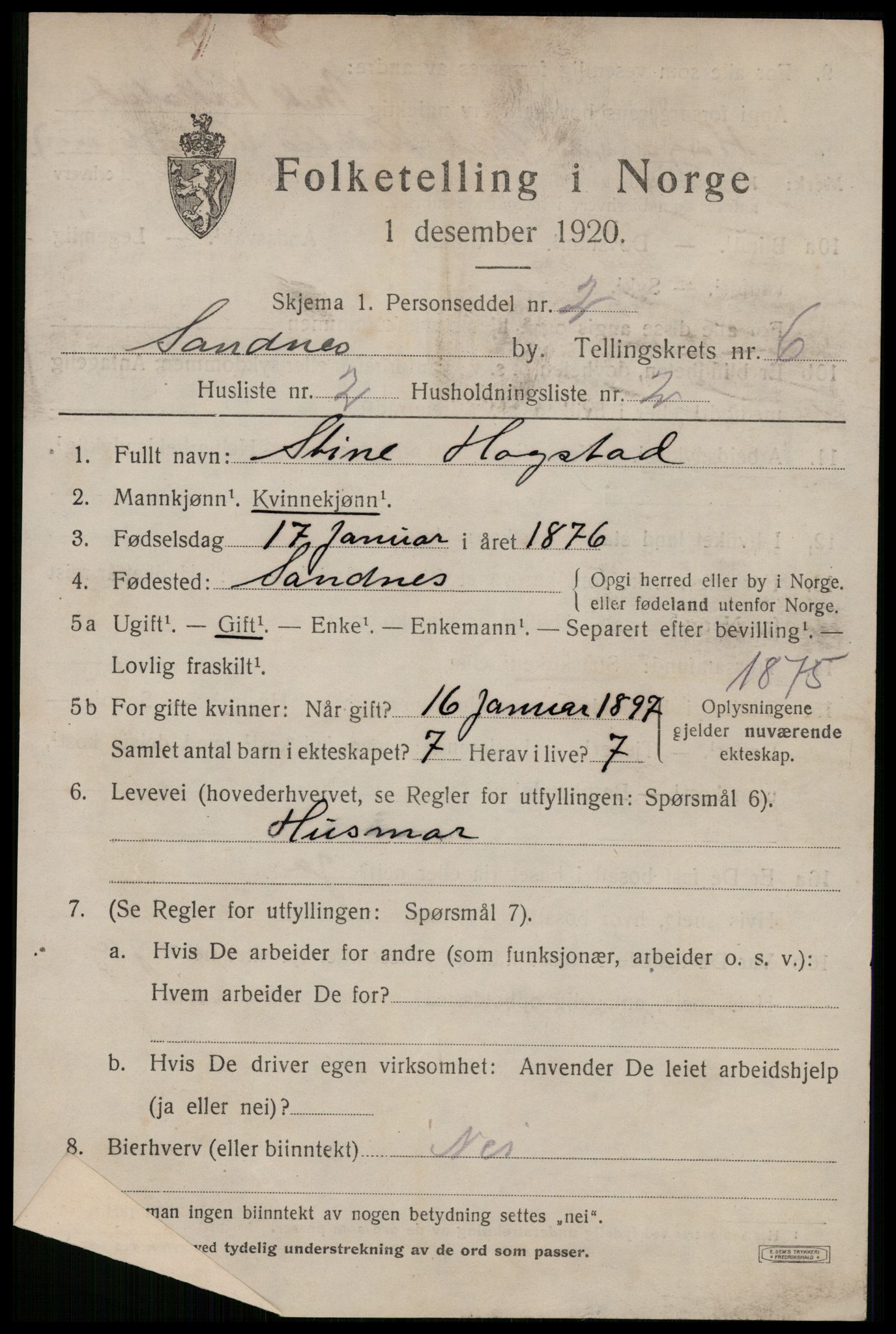 SAST, 1920 census for Sandnes, 1920, p. 5136