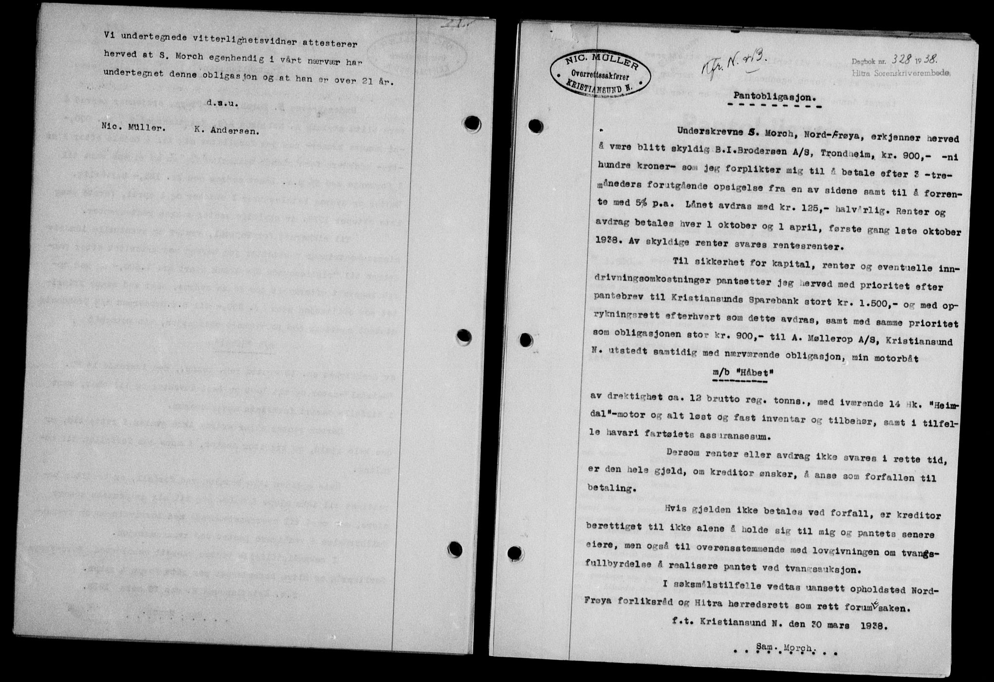 Hitra sorenskriveri, AV/SAT-A-0018/2/2C/2Ca/L0028: Mortgage book no. B-1, 1936-1939, Diary no: : 328/1938