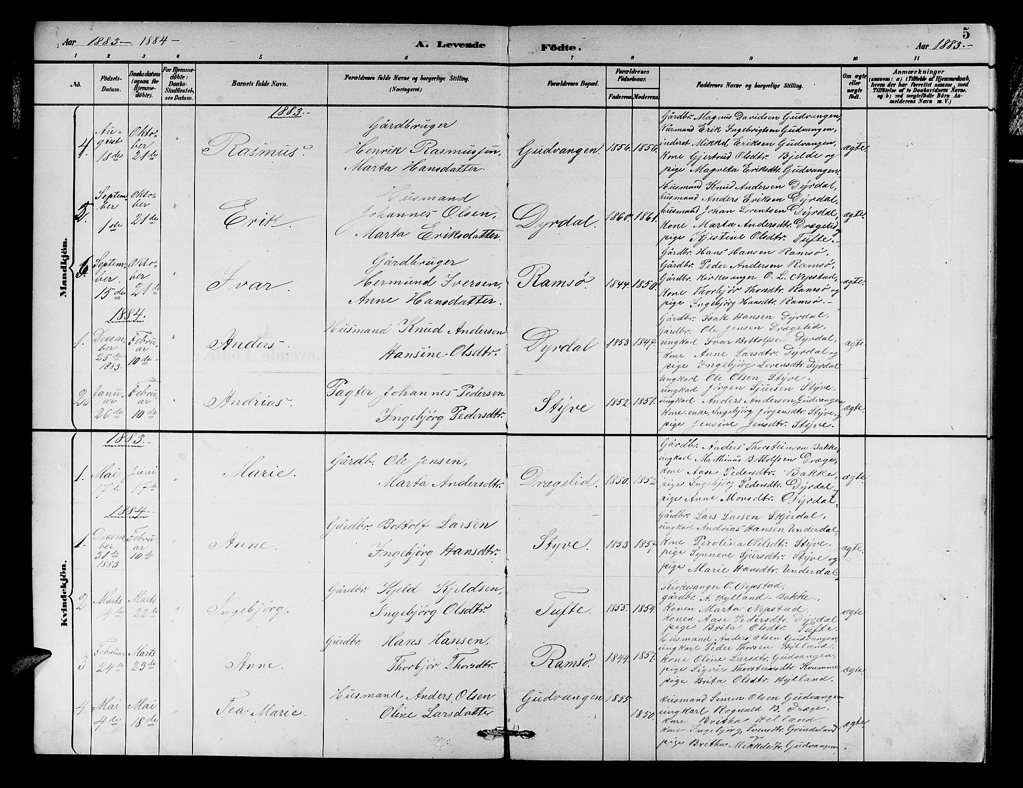 Aurland sokneprestembete, SAB/A-99937/H/Hb/Hbc/L0002: Parish register (copy) no. C 2, 1883-1900, p. 5