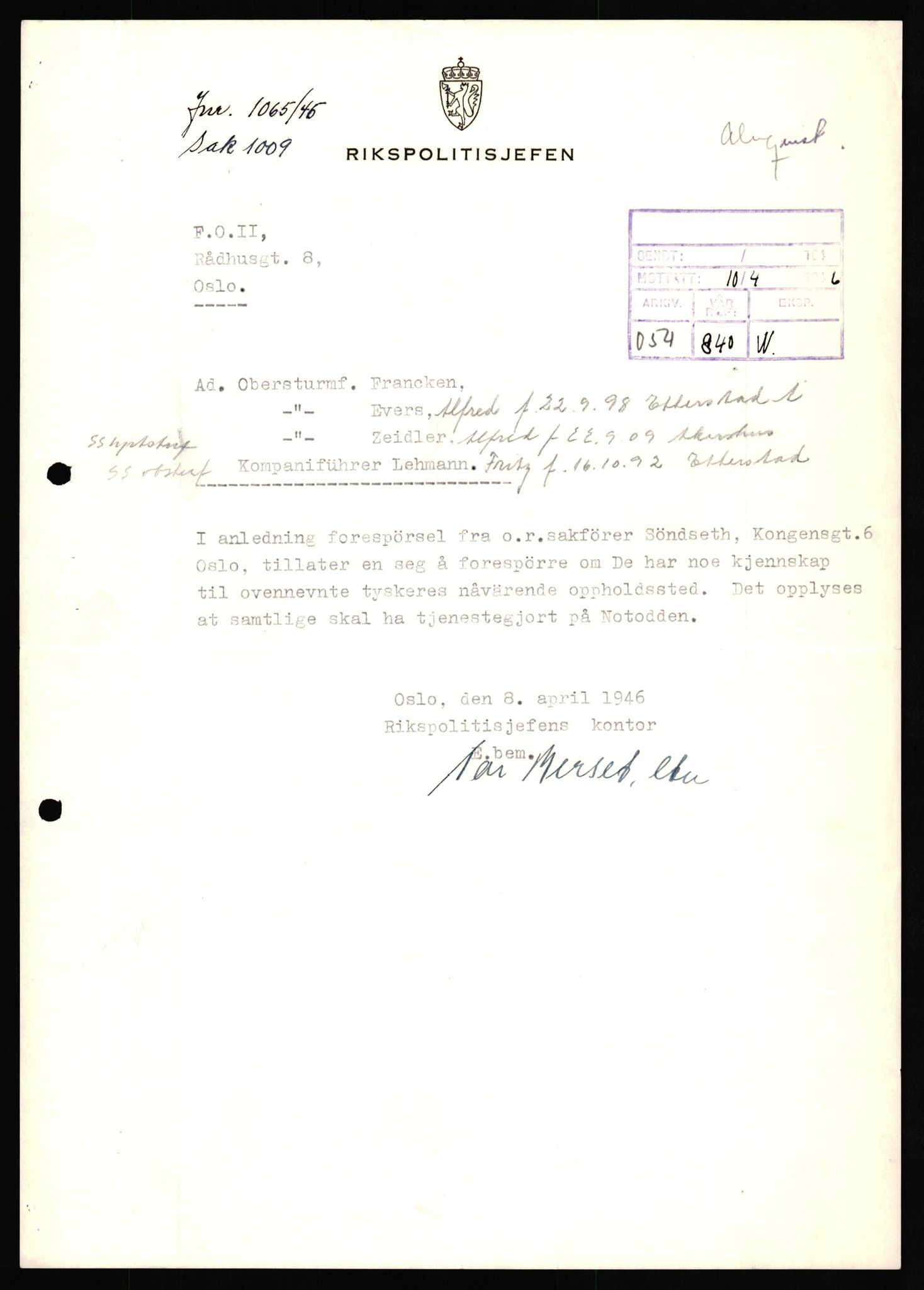 Forsvaret, Forsvarets overkommando II, AV/RA-RAFA-3915/D/Db/L0029: CI Questionaires. Tyske okkupasjonsstyrker i Norge. Tyskere., 1945-1946, p. 239