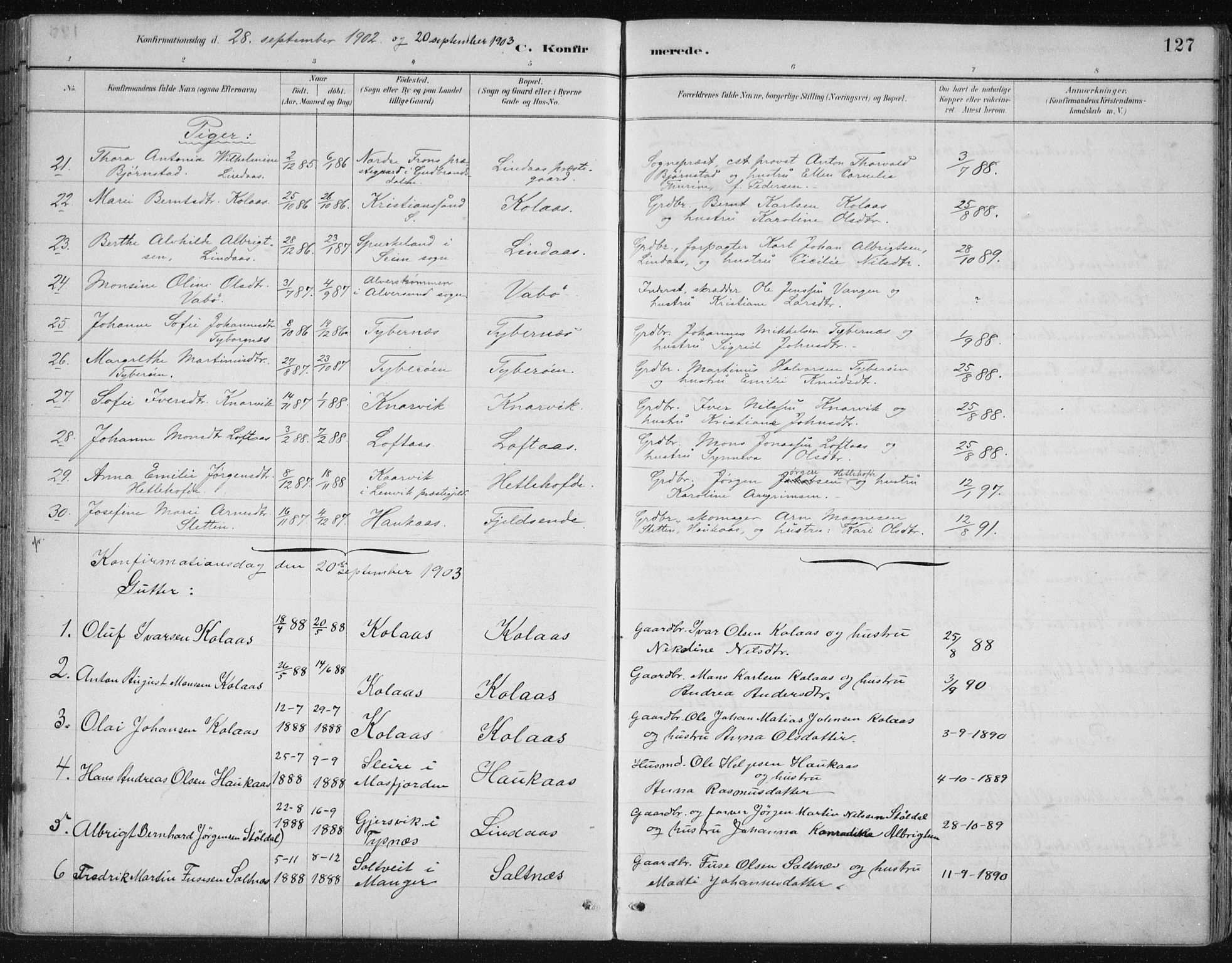 Lindås Sokneprestembete, SAB/A-76701/H/Hab: Parish register (copy) no. B 3, 1886-1914, p. 127