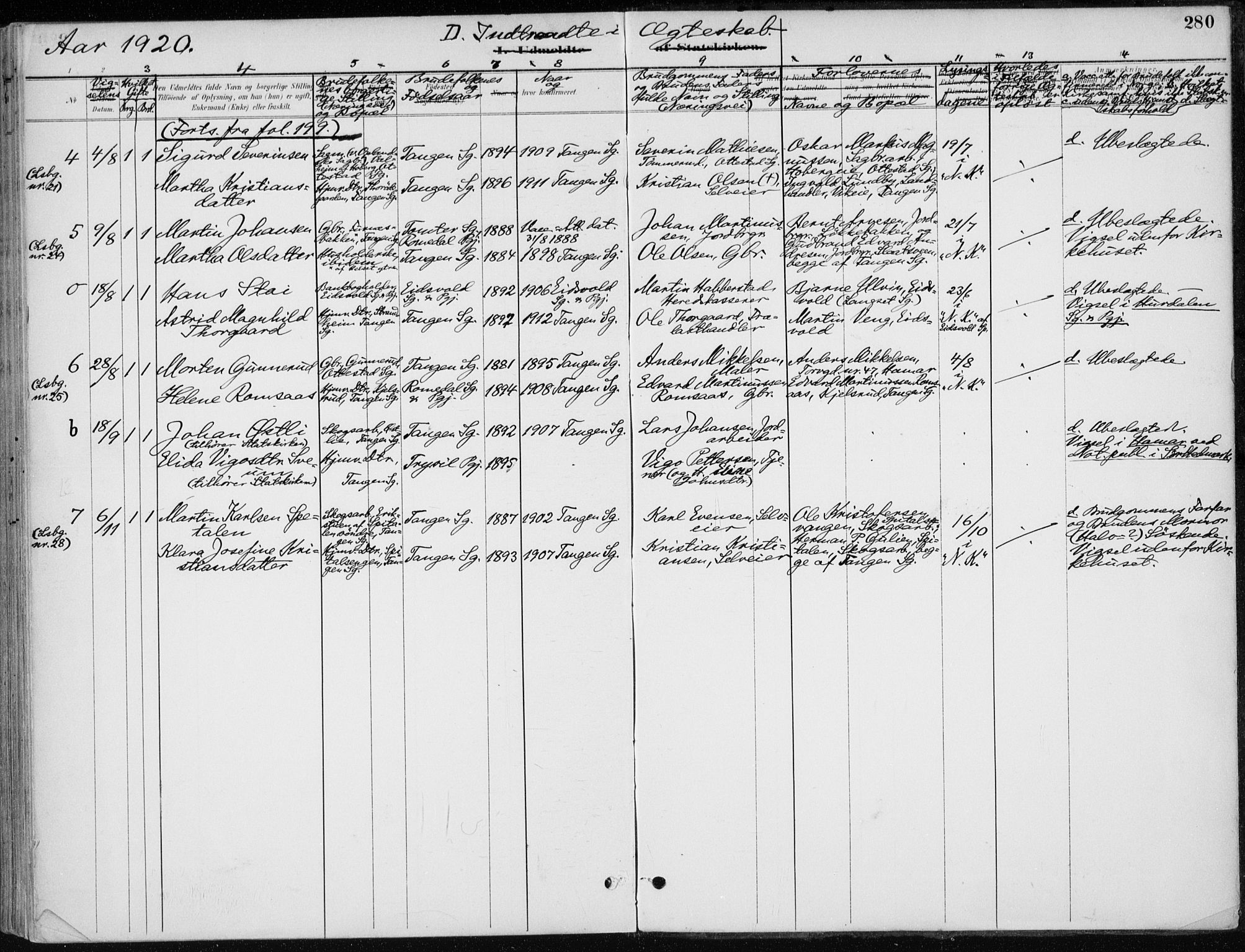 Stange prestekontor, SAH/PREST-002/K/L0023: Parish register (official) no. 23, 1897-1920, p. 280