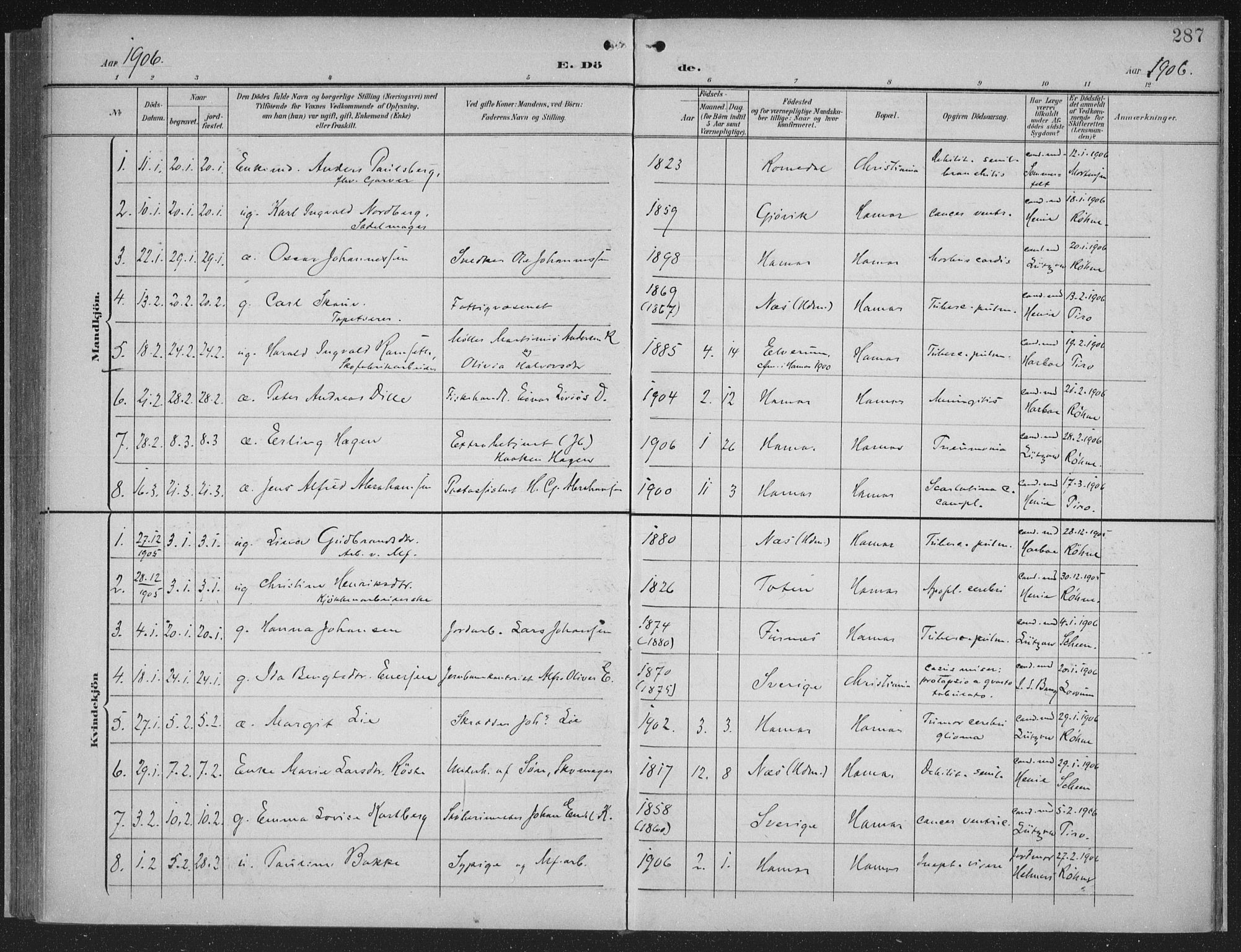 Hamar prestekontor, AV/SAH-DOMPH-002/H/Ha/Haa/L0001: Parish register (official) no. 1, 1900-1914, p. 287