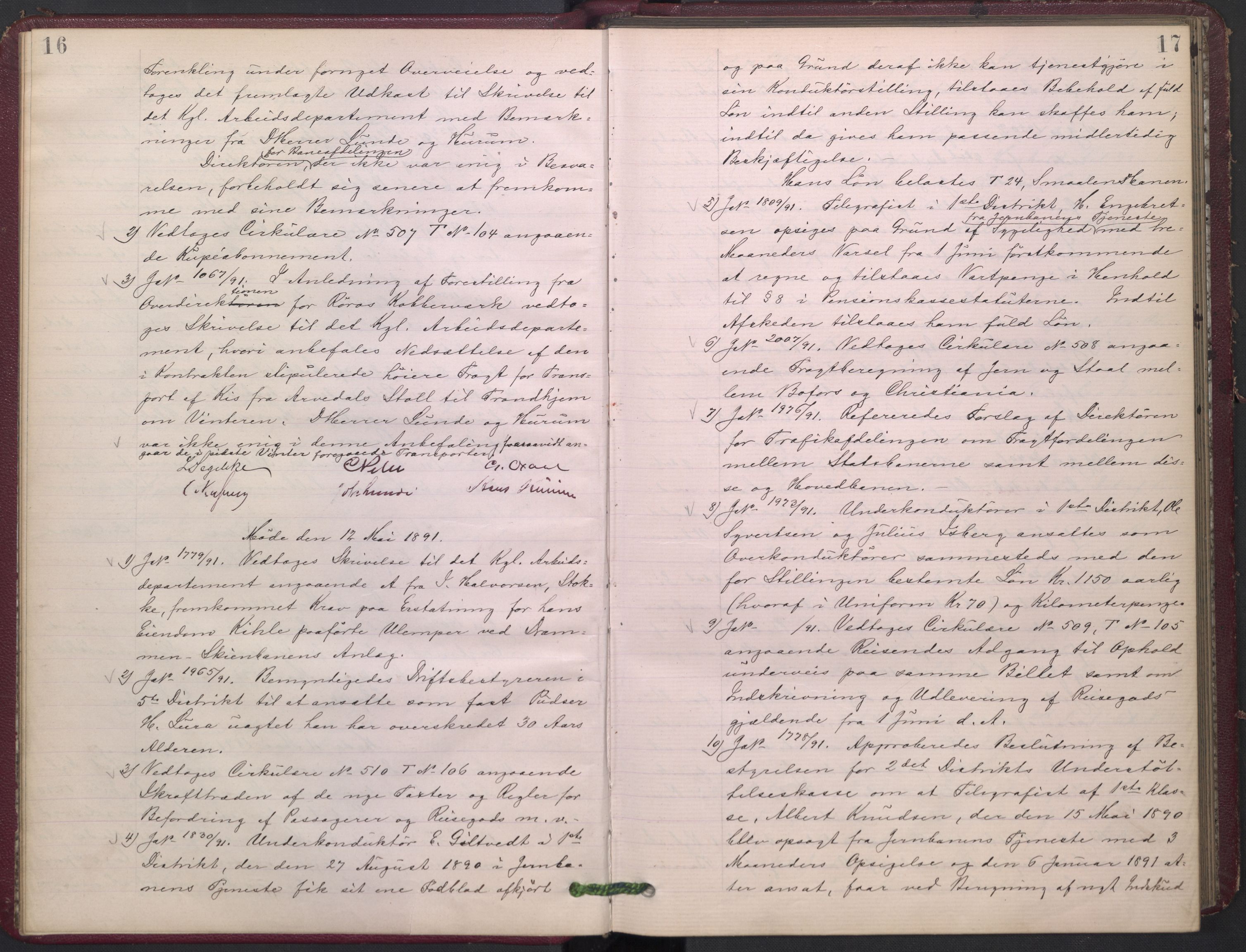 Norges statsbaner, Administrasjons- økonomi- og personalavdelingen, RA/S-3412/A/Aa/L0002: Forhandlingsprotokoll, 1891-1893, p. 16-17