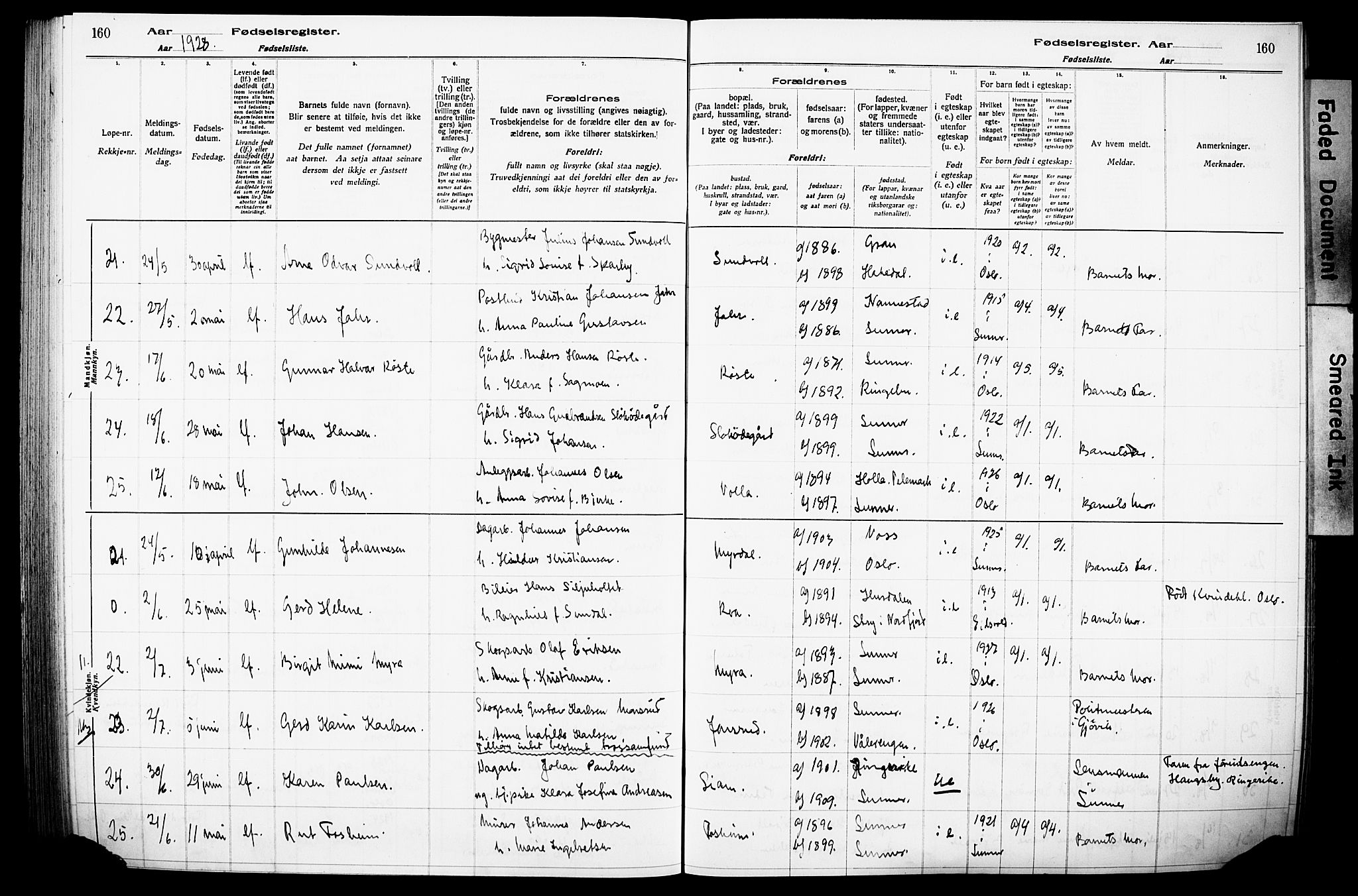 Lunner prestekontor, AV/SAH-PREST-118/I/Id/L0001: Birth register no. 1, 1916-1932, p. 160