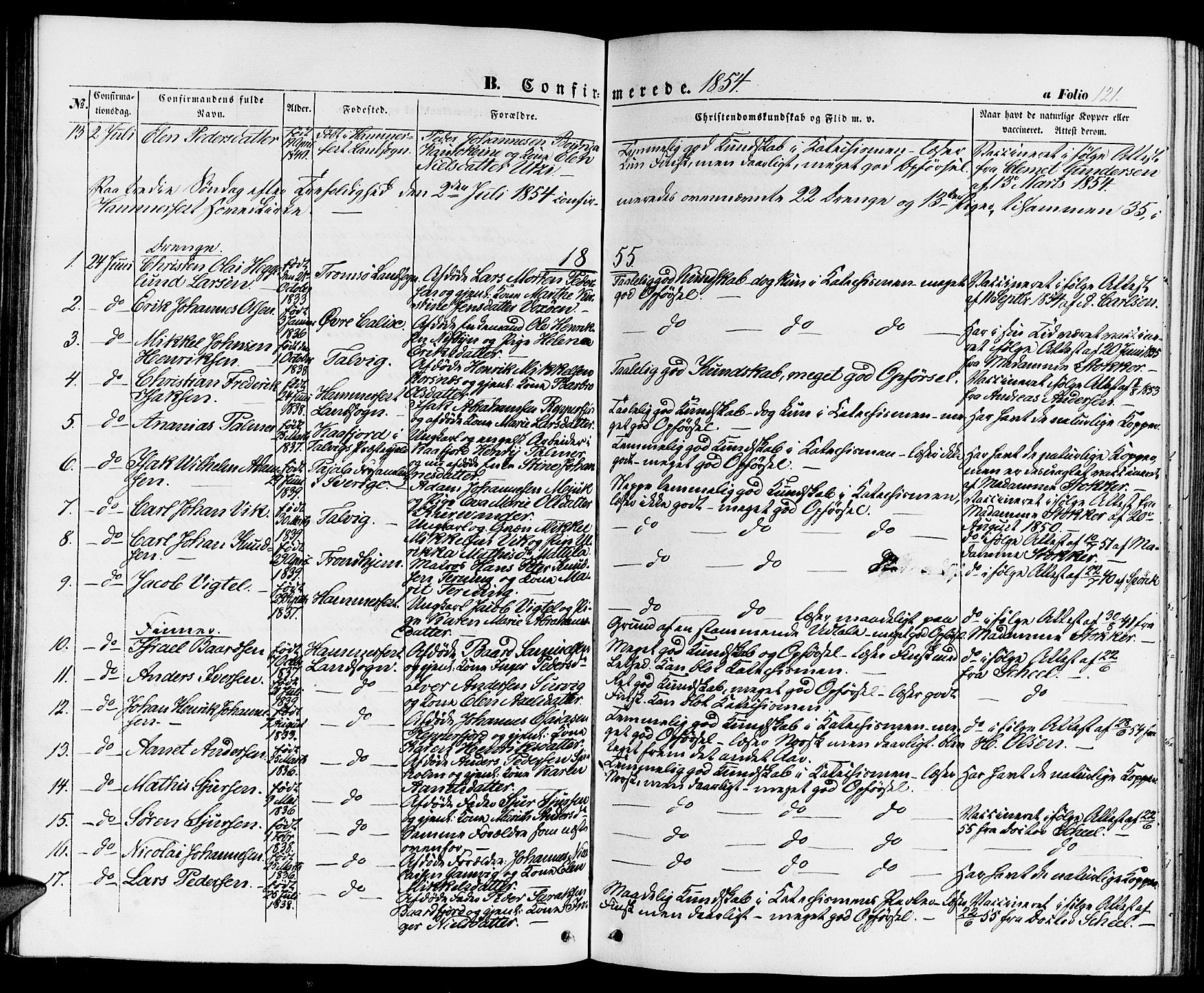 Hammerfest sokneprestkontor, SATØ/S-1347/H/Hb/L0002.klokk: Parish register (copy) no. 2, 1851-1861, p. 121