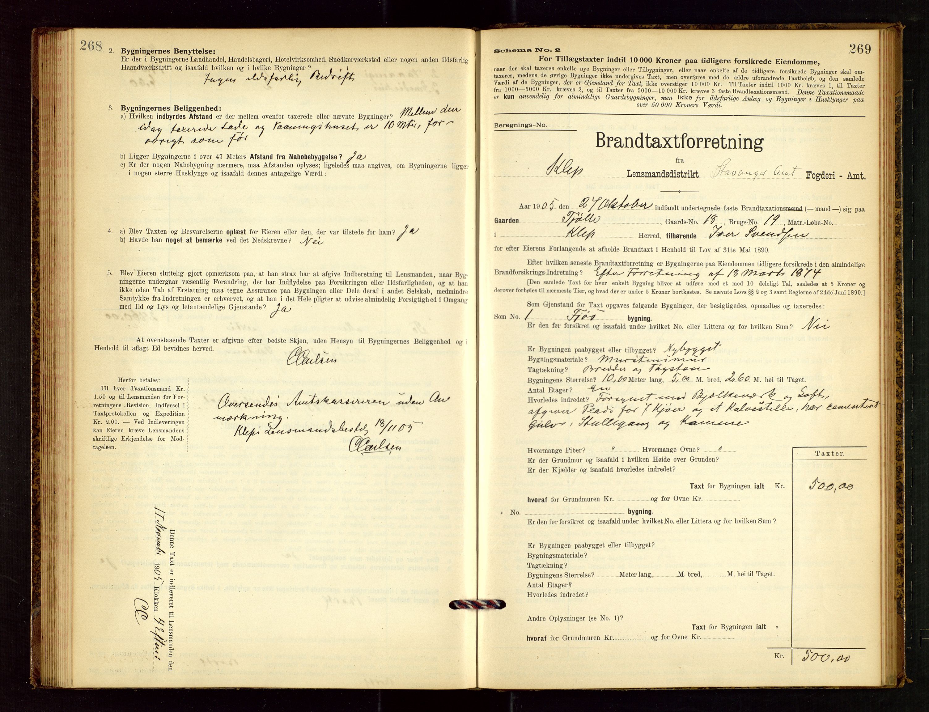 Klepp lensmannskontor, SAST/A-100163/Goc/L0003: "Brandtaxationsprotokol" m/register, 1902-1907, p. 268-269