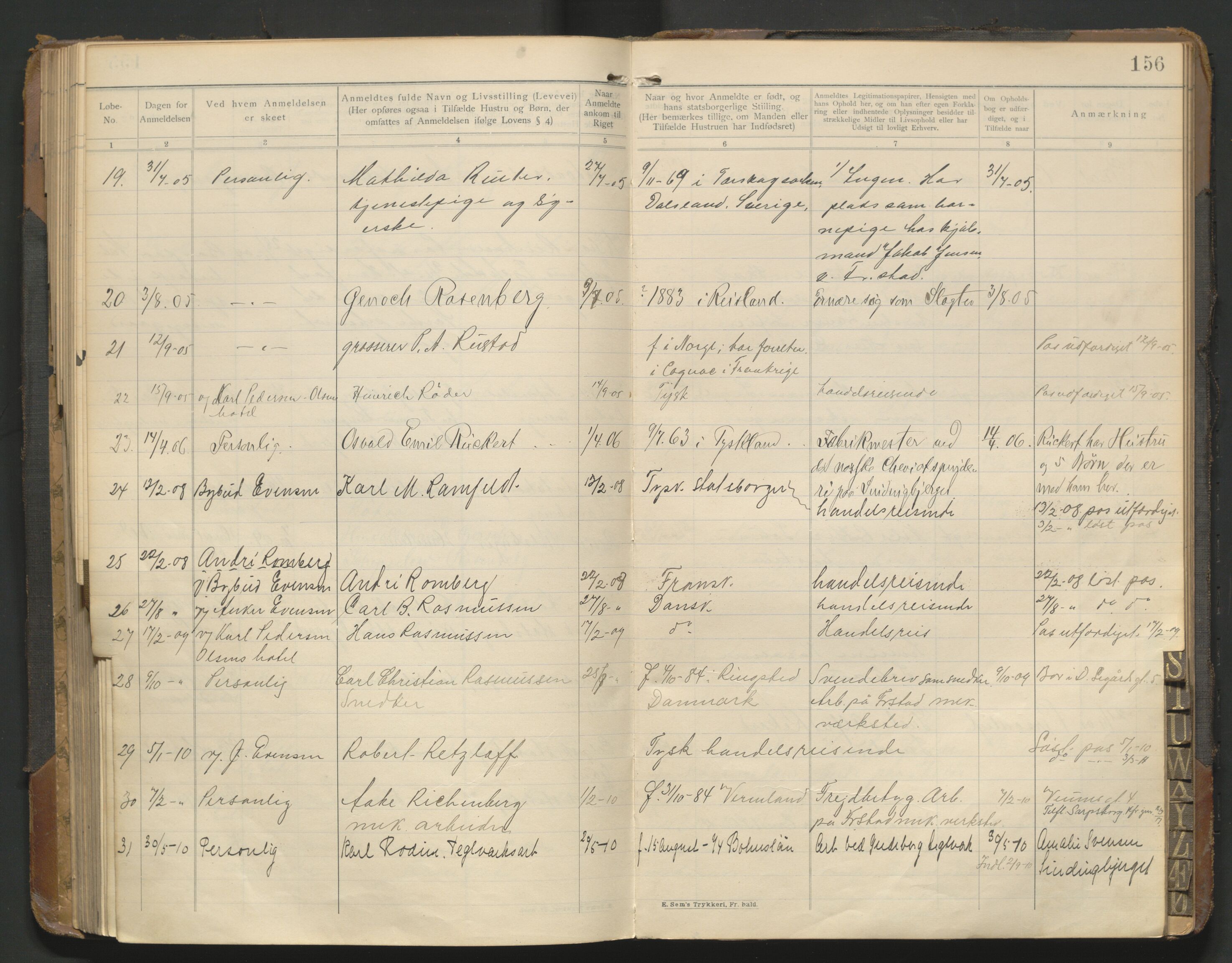 Fredrikstad politikammer, AV/SAO-A-10055/H/Hb/Hba/L0001: Protokoll over fremmede statsborgere, 1901-1916, p. 155b-156a