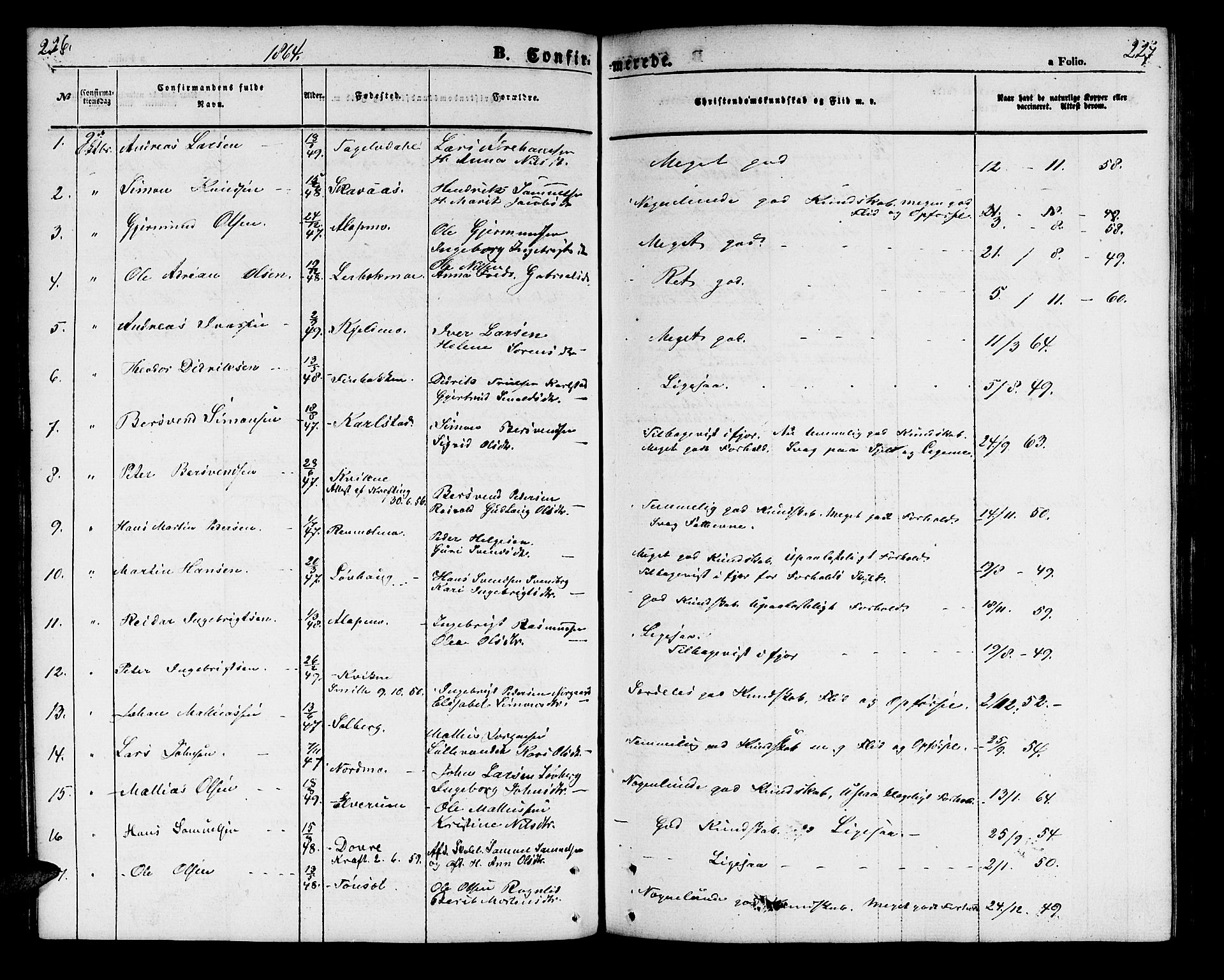 Målselv sokneprestembete, AV/SATØ-S-1311/G/Ga/Gab/L0001klokker: Parish register (copy) no. 1, 1856-1866, p. 226-227