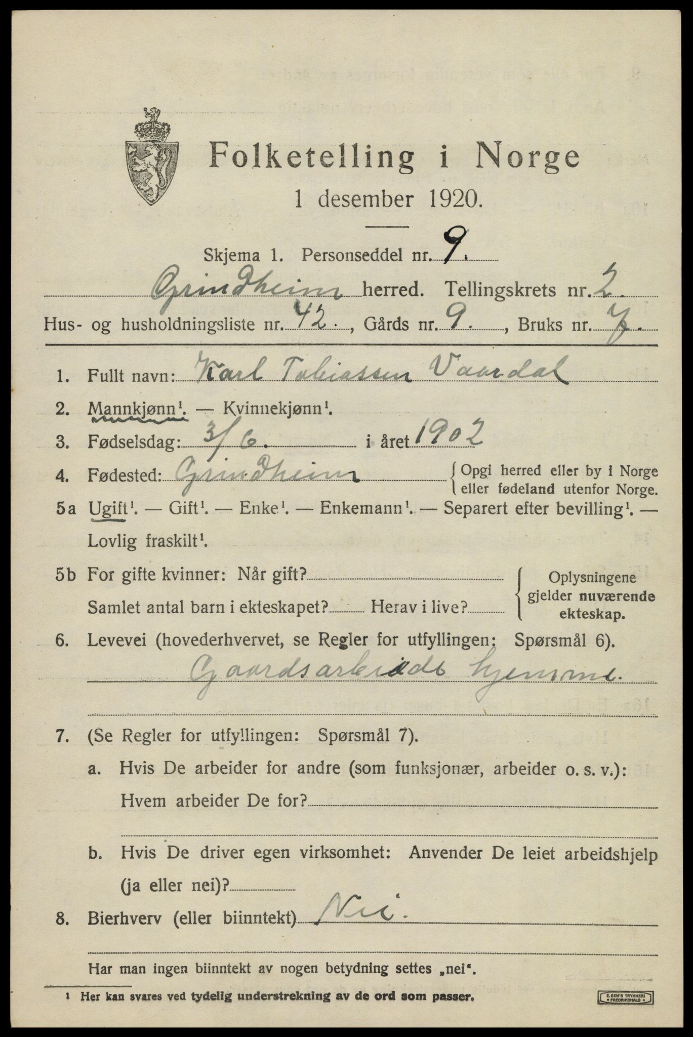 SAK, 1920 census for Grindheim, 1920, p. 885