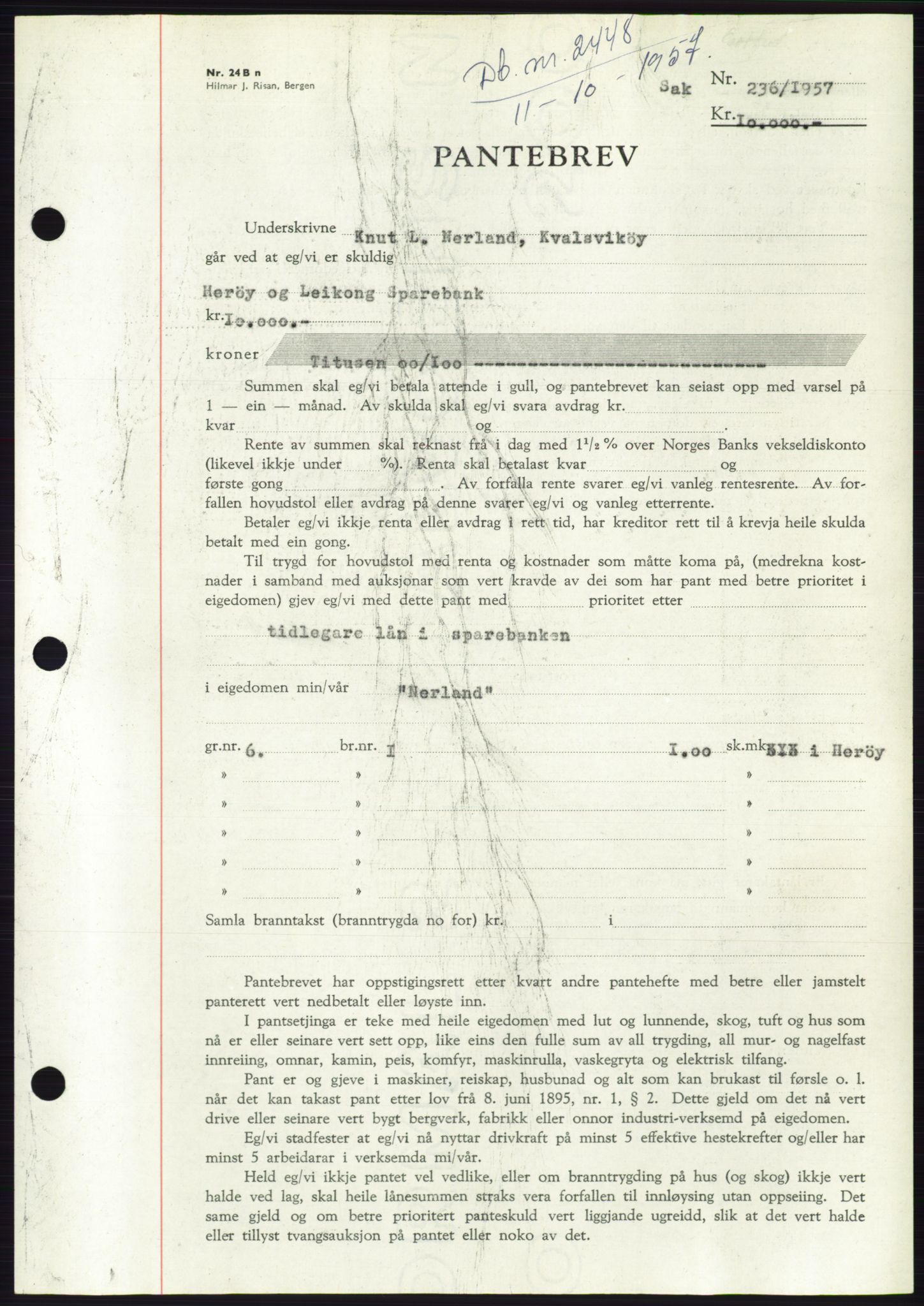 Søre Sunnmøre sorenskriveri, AV/SAT-A-4122/1/2/2C/L0130: Mortgage book no. 18B, 1957-1958, Diary no: : 2448/1957