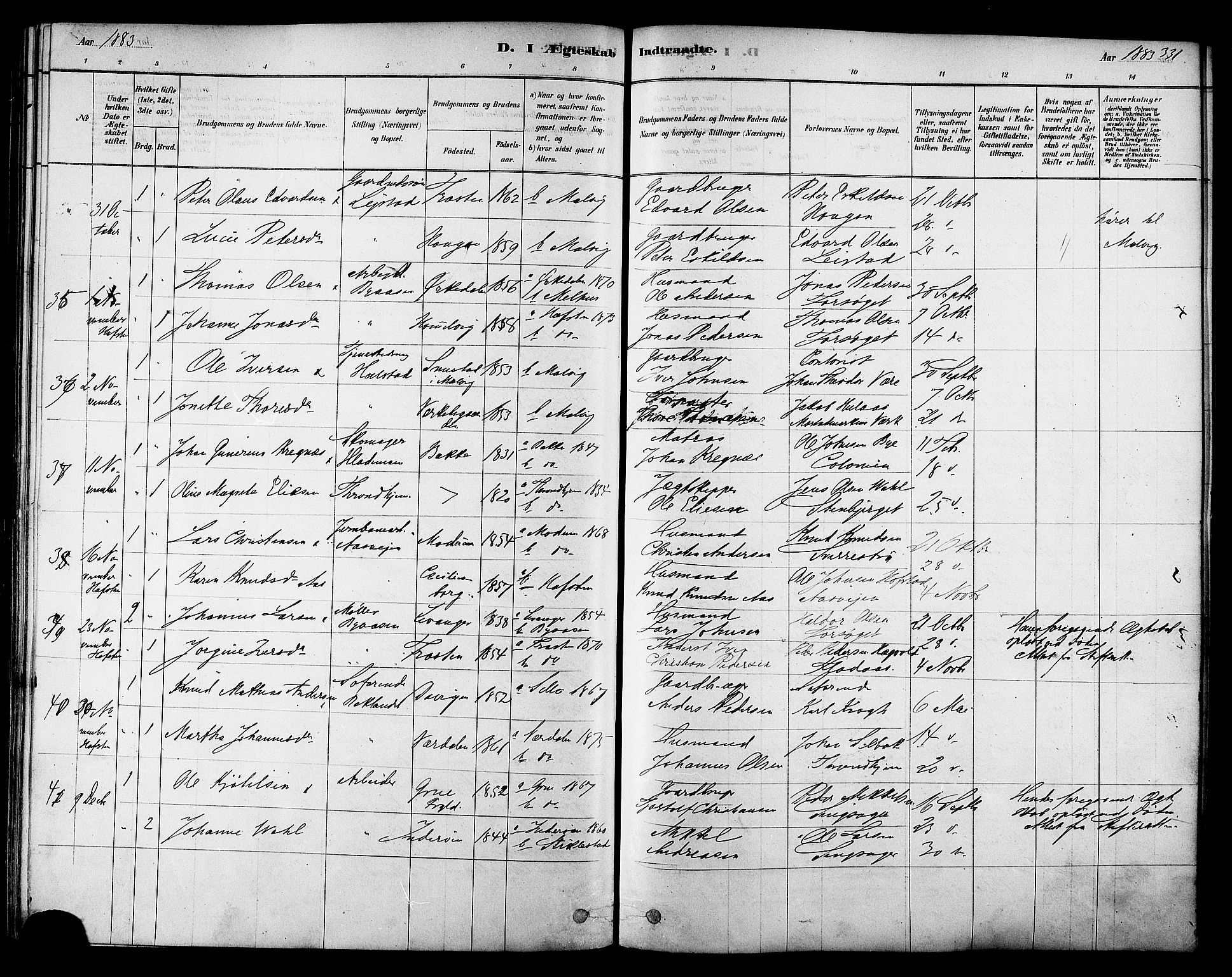 Ministerialprotokoller, klokkerbøker og fødselsregistre - Sør-Trøndelag, AV/SAT-A-1456/606/L0294: Parish register (official) no. 606A09, 1878-1886, p. 331