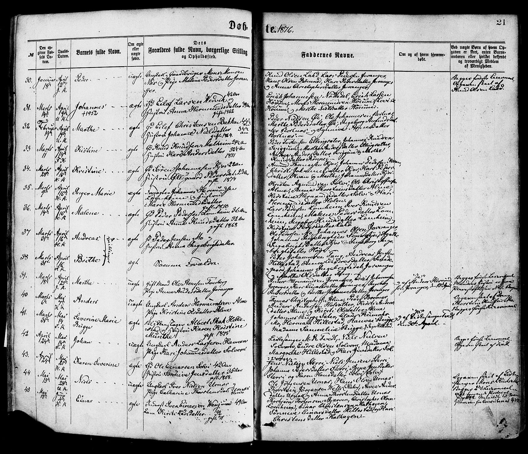 Hafslo sokneprestembete, AV/SAB-A-80301/H/Haa/Haaa/L0011: Parish register (official) no. A 11, 1873-1886, p. 21