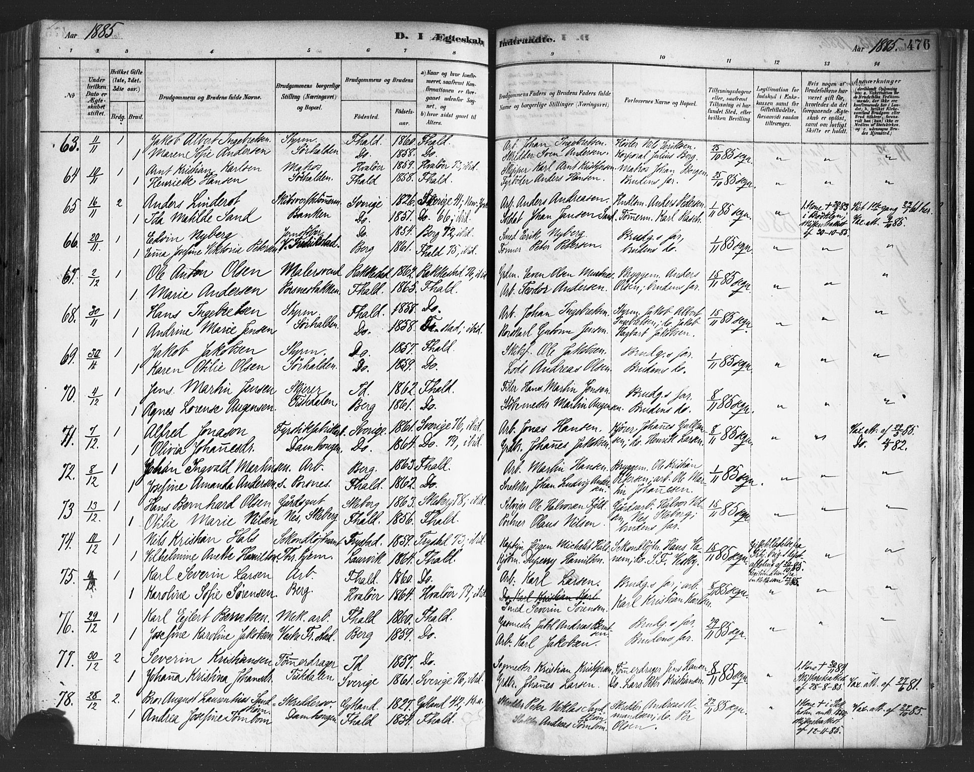 Halden prestekontor Kirkebøker, SAO/A-10909/F/Fa/L0011: Parish register (official) no. I 11, 1878-1889, p. 476