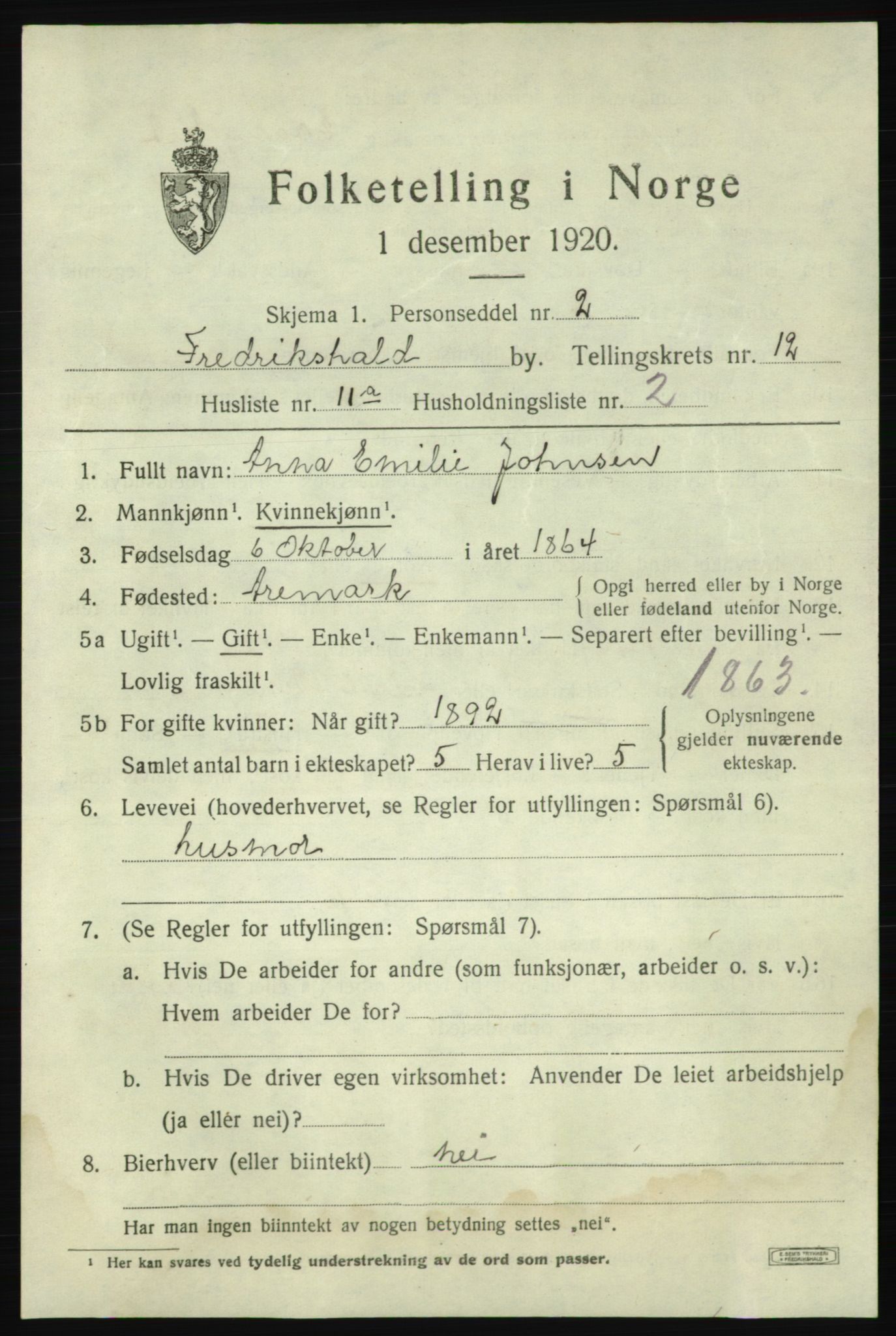 SAO, 1920 census for Fredrikshald, 1920, p. 20063