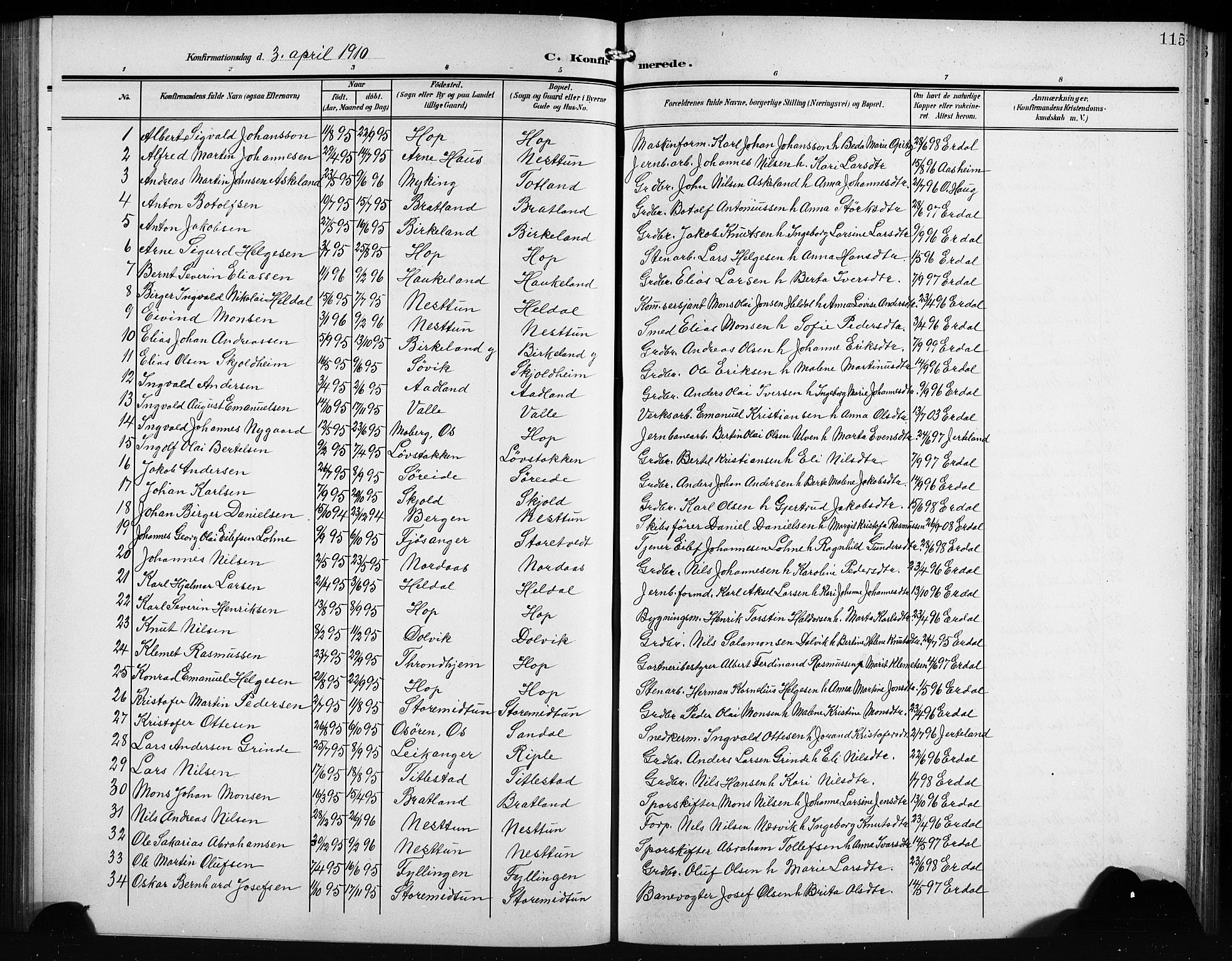 Birkeland Sokneprestembete, SAB/A-74601/H/Hab: Parish register (copy) no. A 6, 1906-1915, p. 115