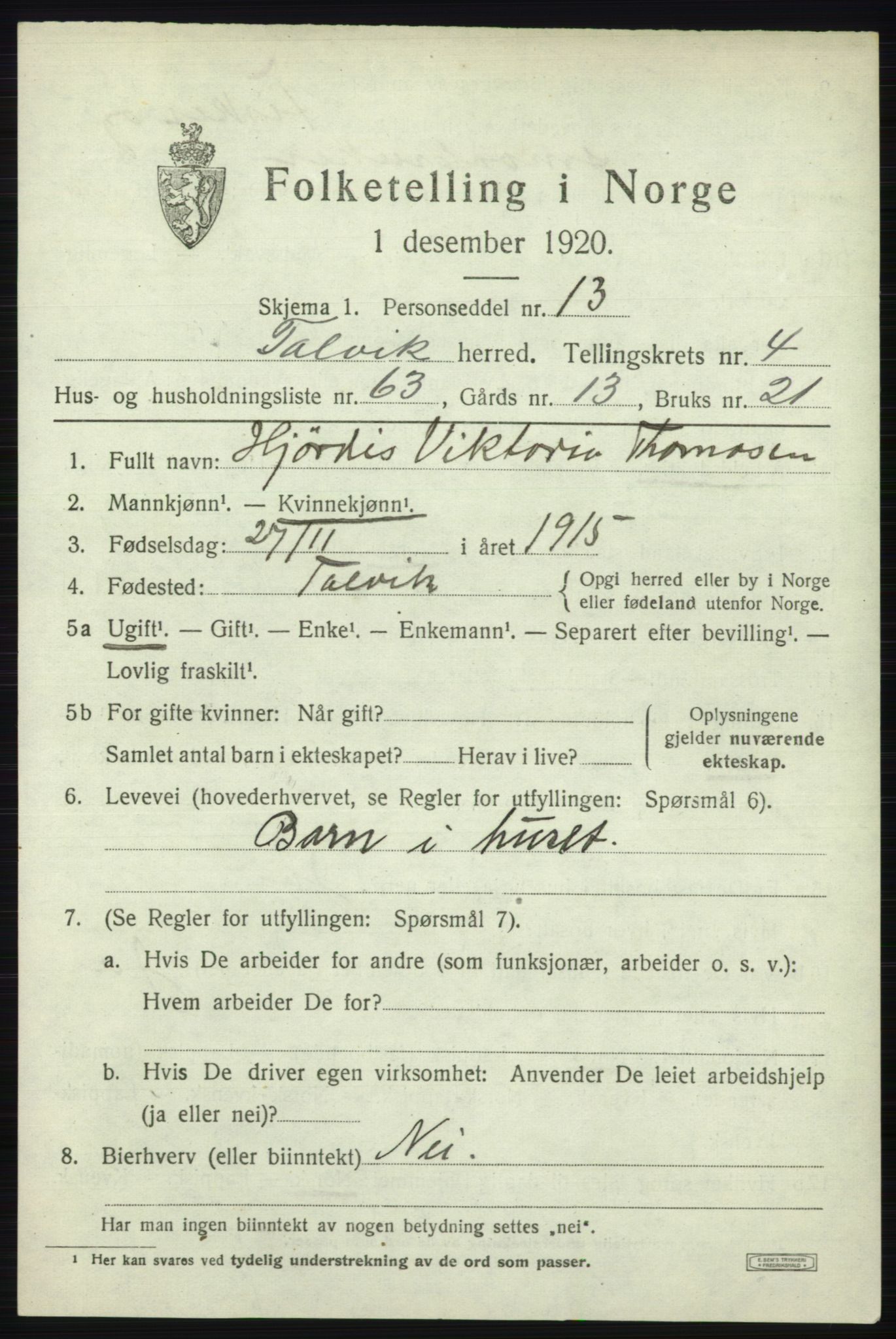 SATØ, 1920 census for Talvik, 1920, p. 3340