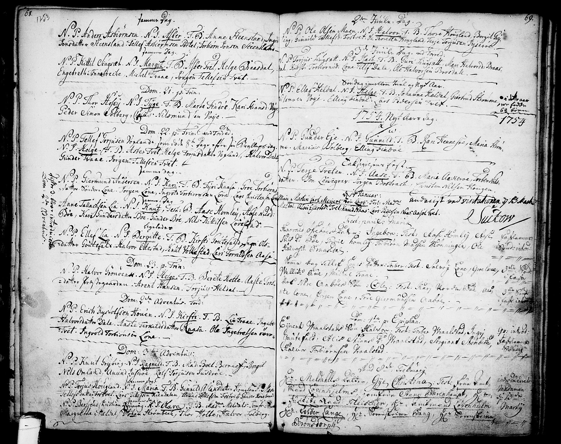 Drangedal kirkebøker, SAKO/A-258/F/Fa/L0001: Parish register (official) no. 1, 1697-1767, p. 68-69