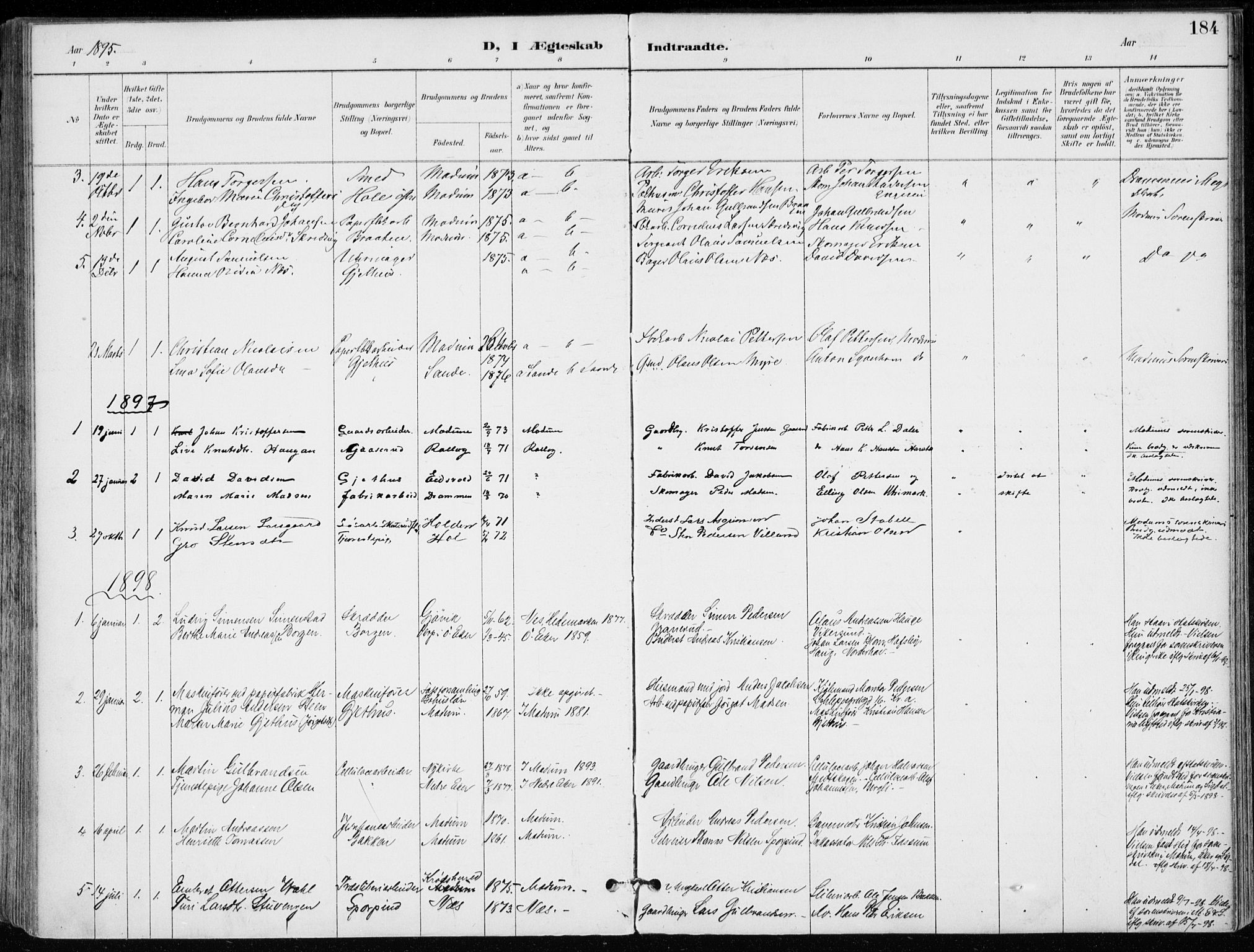 Modum kirkebøker, AV/SAKO-A-234/F/Fa/L0012: Parish register (official) no. 12, 1890-1898, p. 184