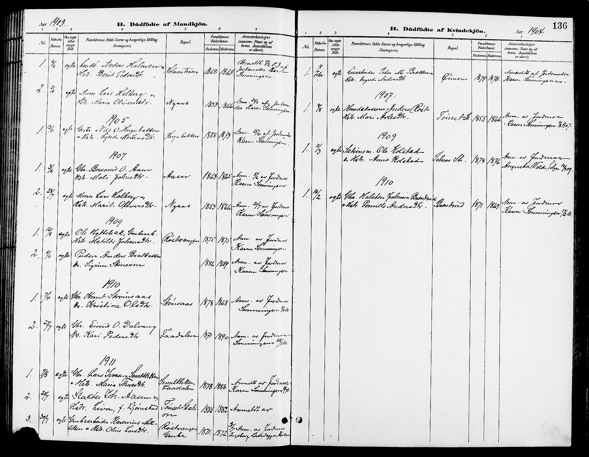 Tynset prestekontor, AV/SAH-PREST-058/H/Ha/Hab/L0009: Parish register (copy) no. 9, 1900-1914, p. 136