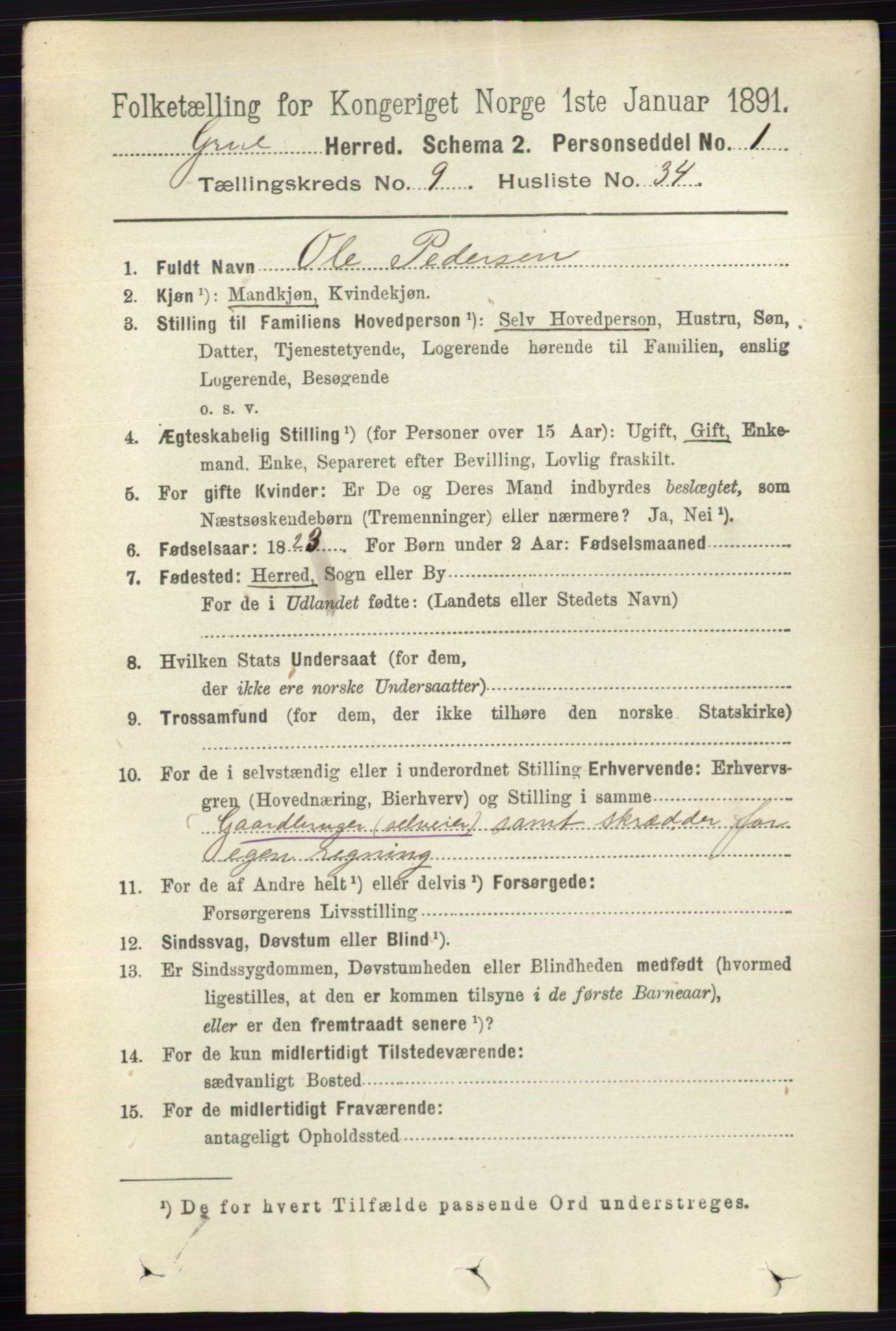 RA, 1891 census for 0423 Grue, 1891, p. 5059