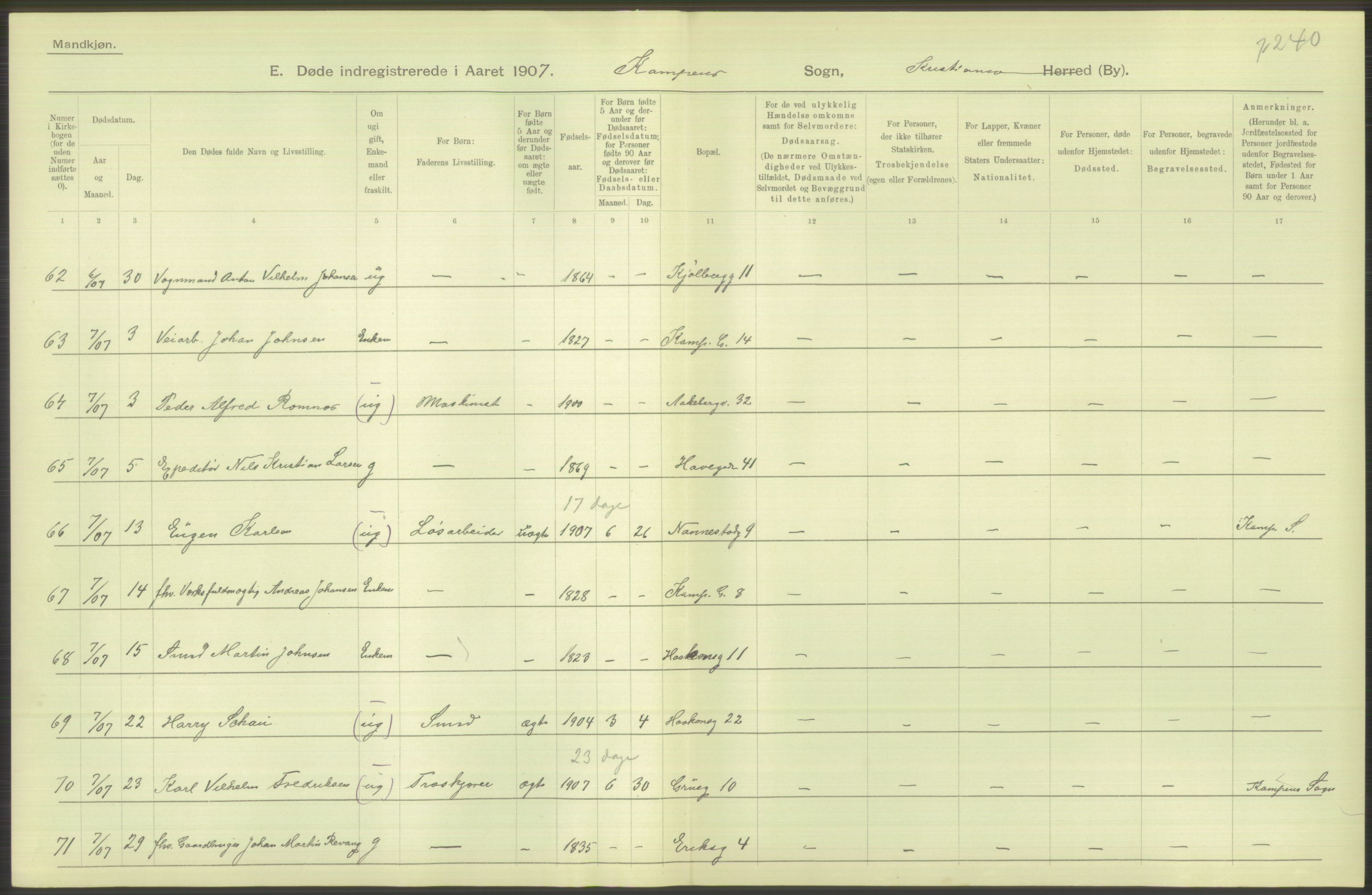 Statistisk sentralbyrå, Sosiodemografiske emner, Befolkning, AV/RA-S-2228/D/Df/Dfa/Dfae/L0010: Kristiania: Døde, dødfødte, 1907, p. 386