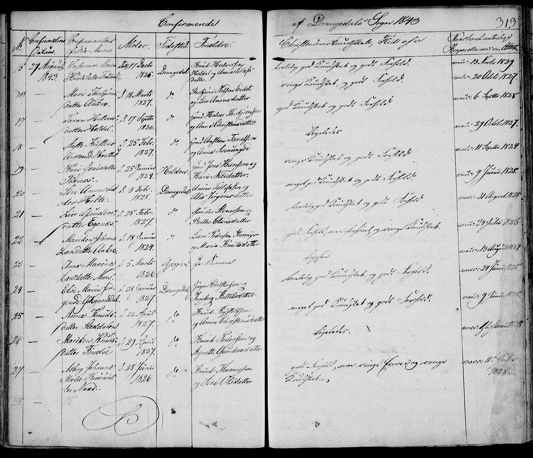 Drangedal kirkebøker, AV/SAKO-A-258/F/Fa/L0007a: Parish register (official) no. 7a, 1837-1856, p. 313