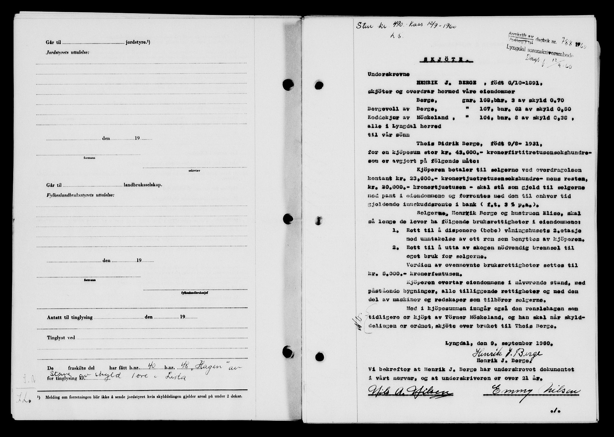 Lyngdal sorenskriveri, AV/SAK-1221-0004/G/Gb/L0680: Mortgage book no. A XXVI, 1960-1960, Diary no: : 788/1960