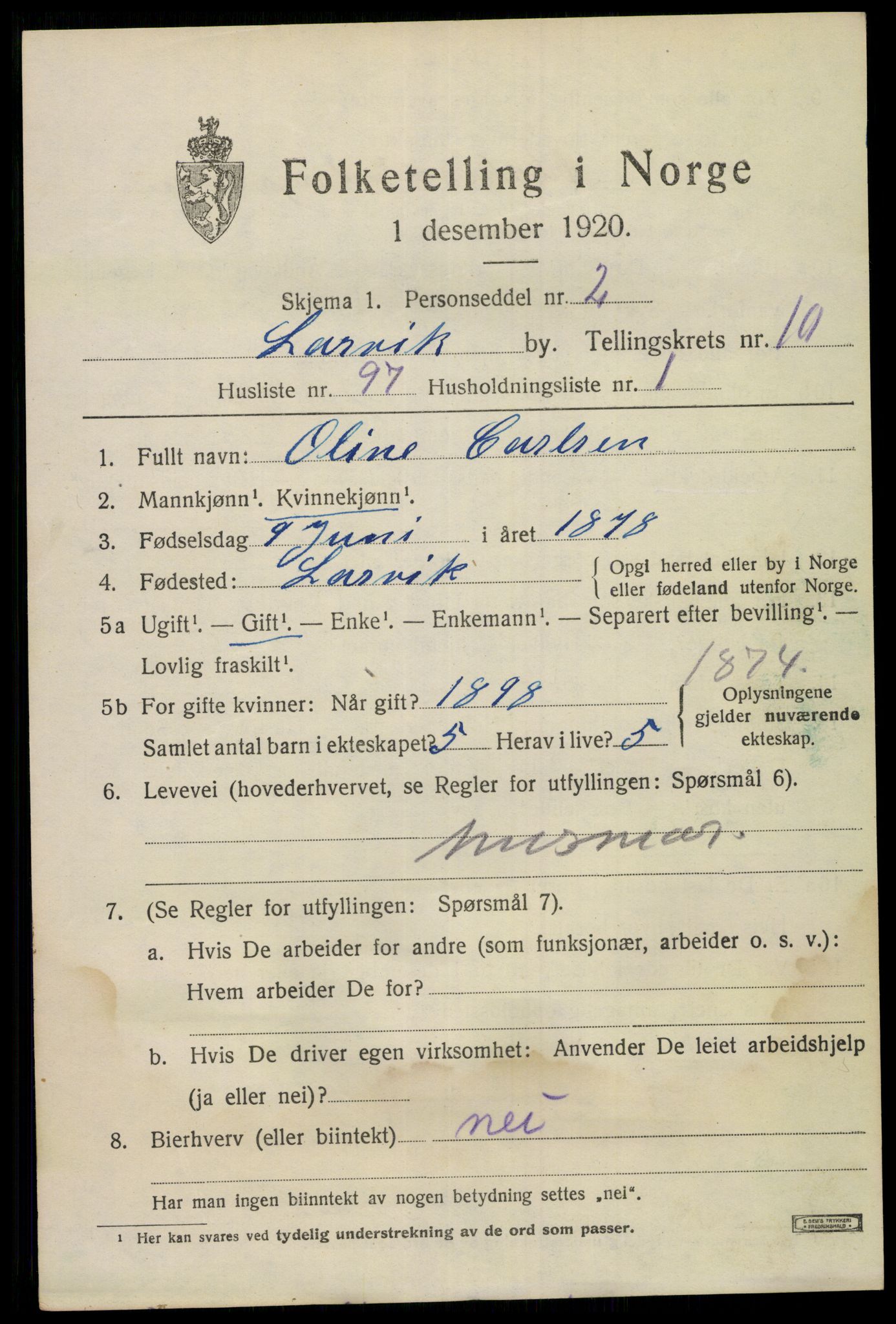 SAKO, 1920 census for Larvik, 1920, p. 28308