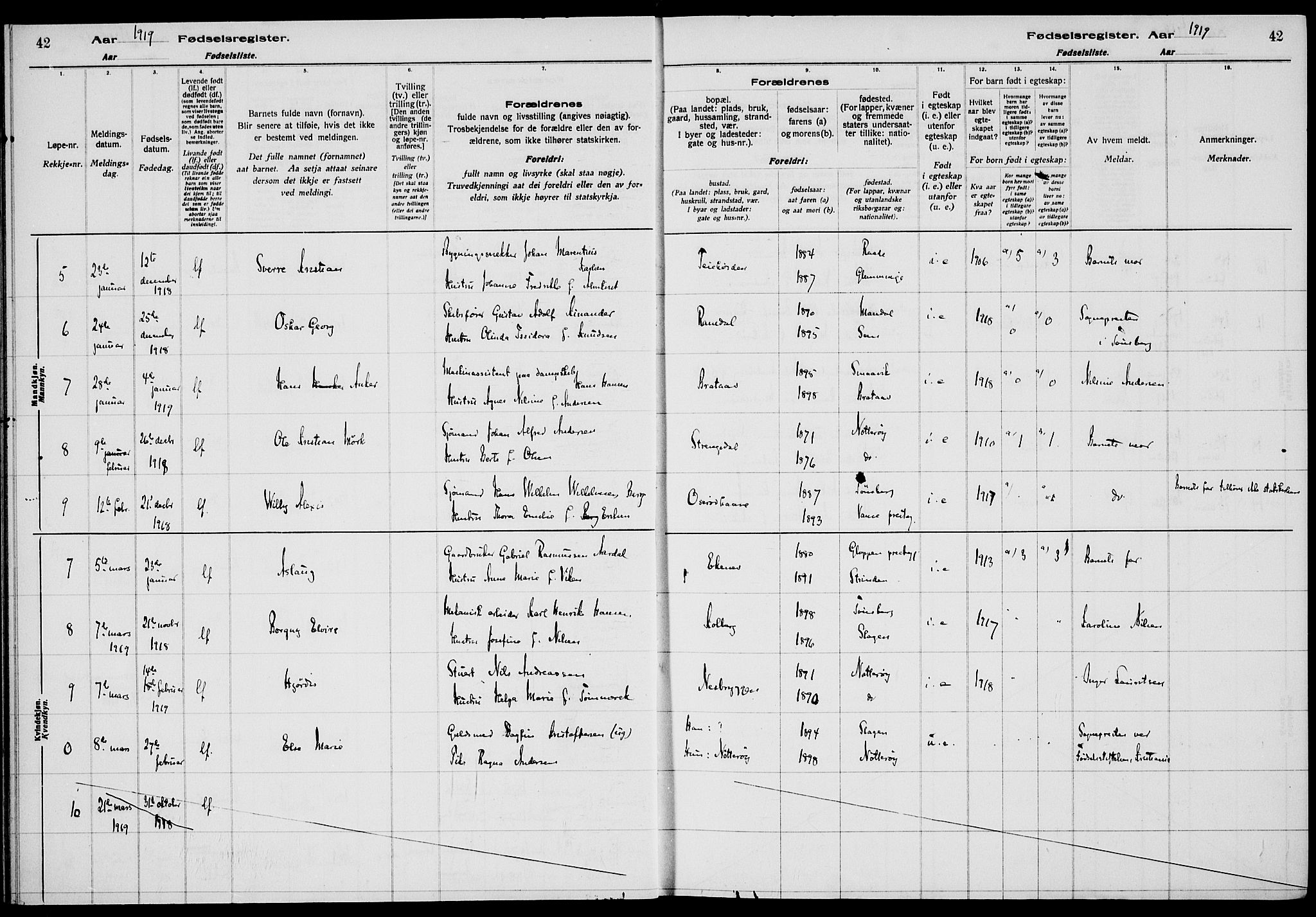 Nøtterøy kirkebøker, AV/SAKO-A-354/J/Ja/L0001: Birth register no. 1, 1916-1928, p. 42