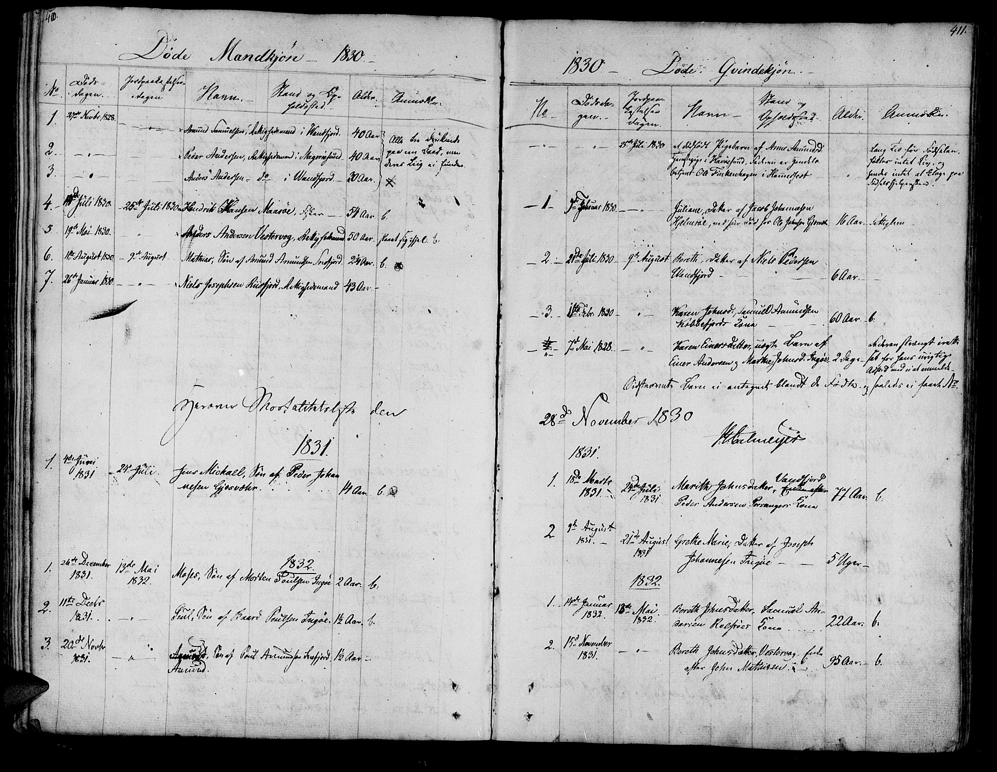 Måsøy sokneprestkontor, SATØ/S-1348/H/Ha/L0001kirke: Parish register (official) no. 1, 1806-1851, p. 410-411