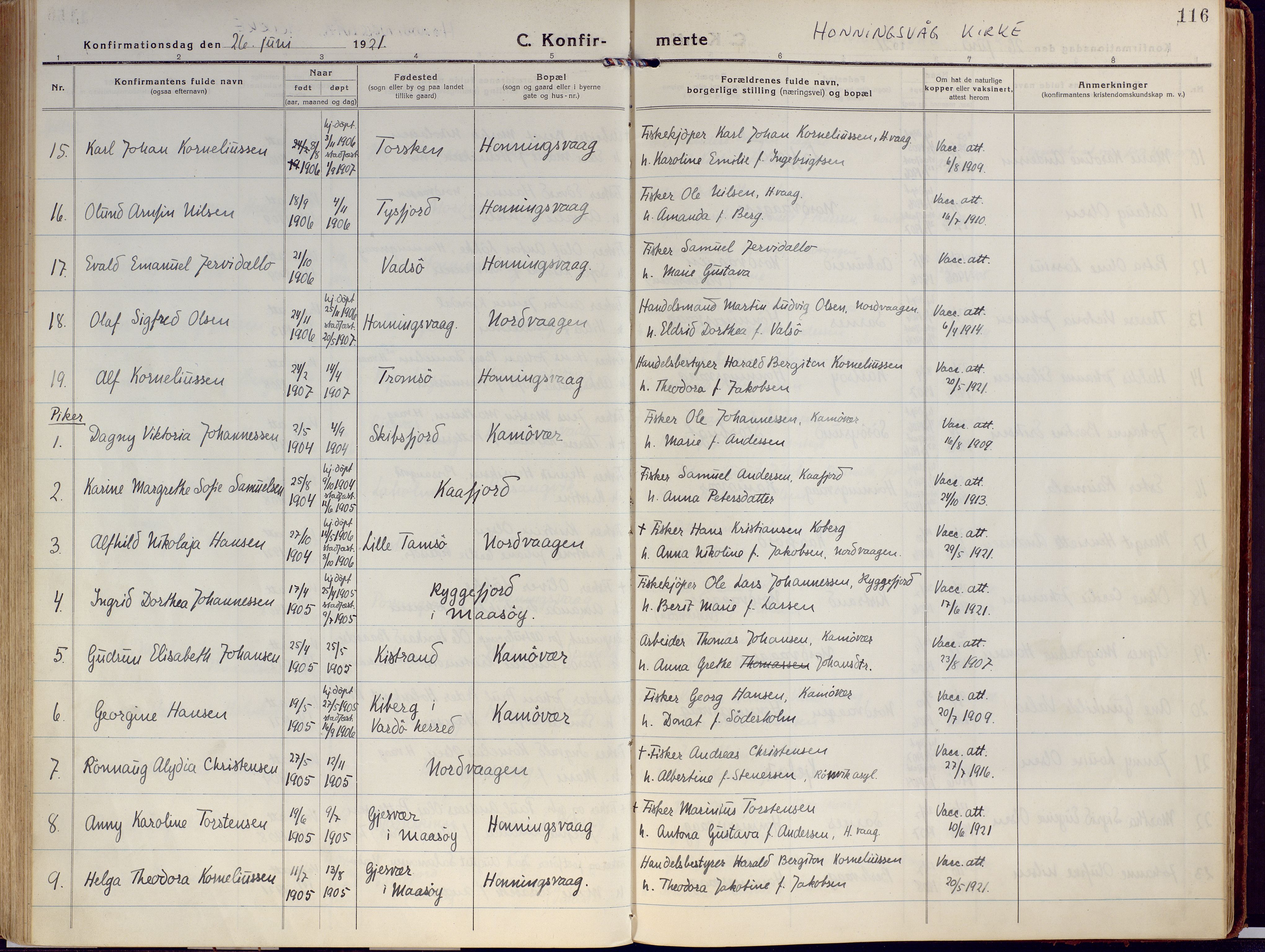 Kjelvik/Nordkapp sokneprestkontor, AV/SATØ-S-1350/H/Ha/L0002kirke: Parish register (official) no. 2, 1920-1929, p. 116