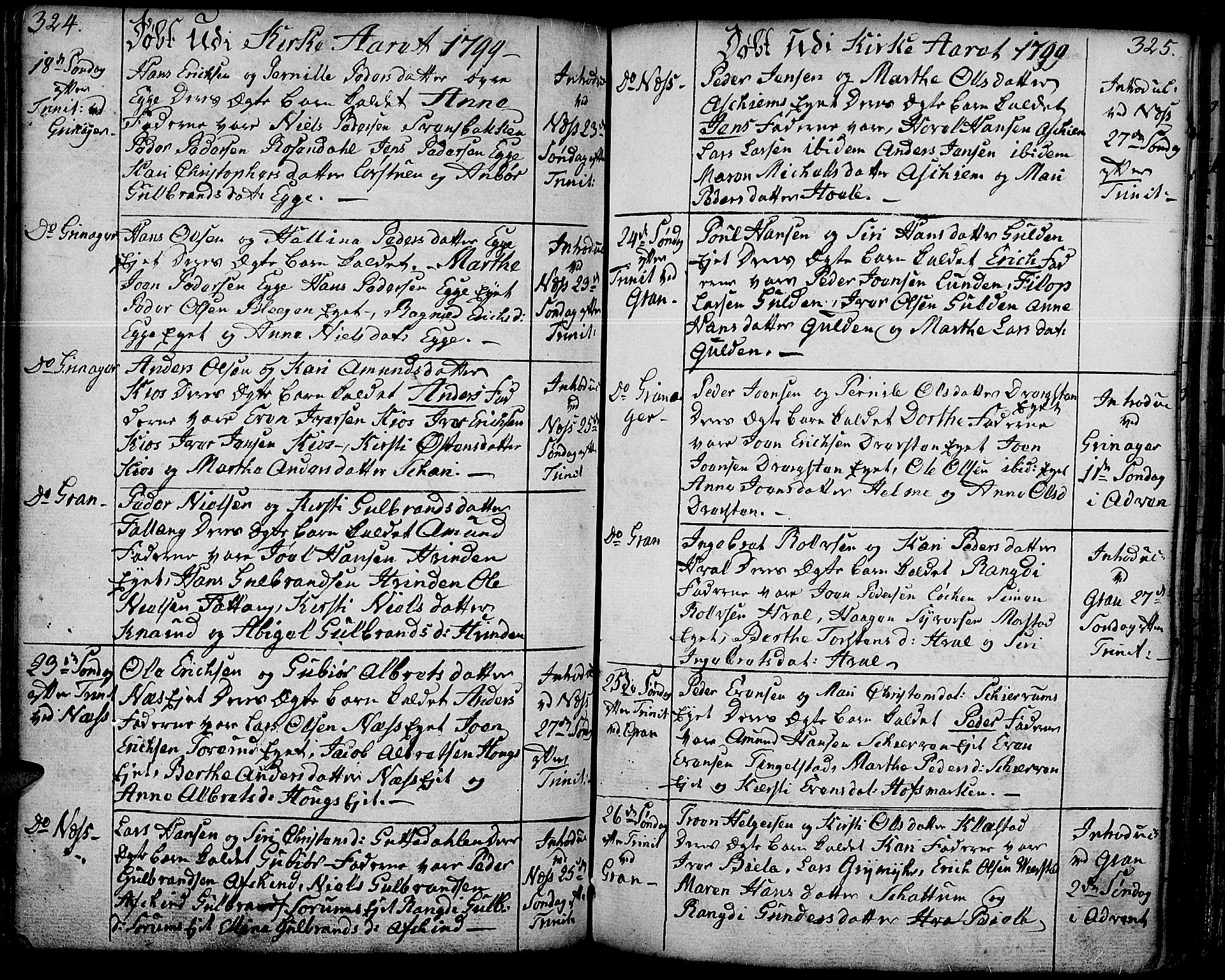 Gran prestekontor, SAH/PREST-112/H/Ha/Haa/L0006: Parish register (official) no. 6, 1787-1824, p. 324-325