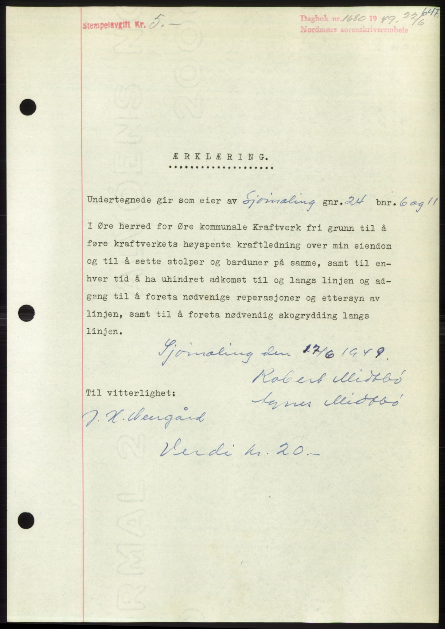 Nordmøre sorenskriveri, AV/SAT-A-4132/1/2/2Ca: Mortgage book no. B101, 1949-1949, Diary no: : 1680/1949