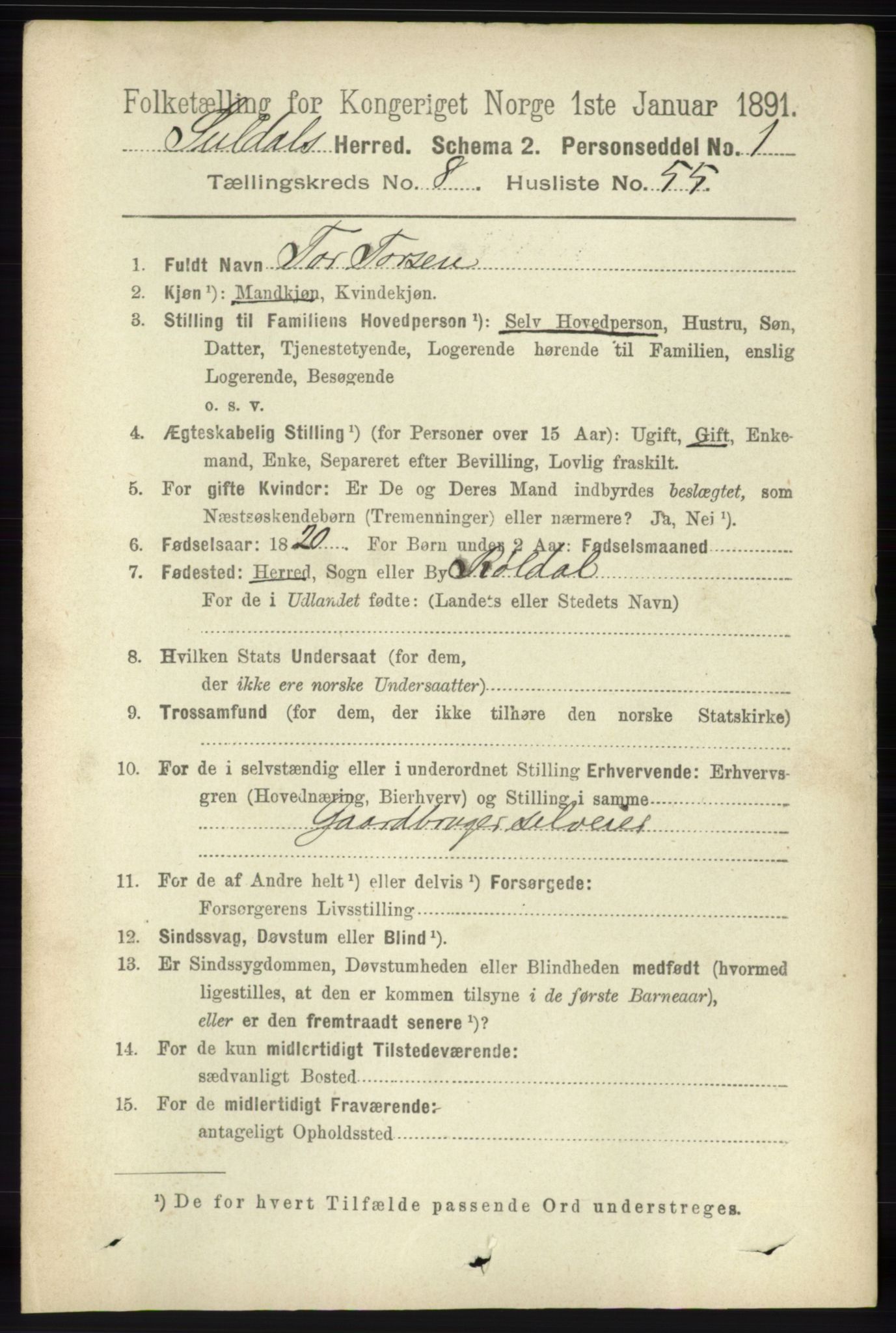 RA, 1891 census for 1134 Suldal, 1891, p. 2618