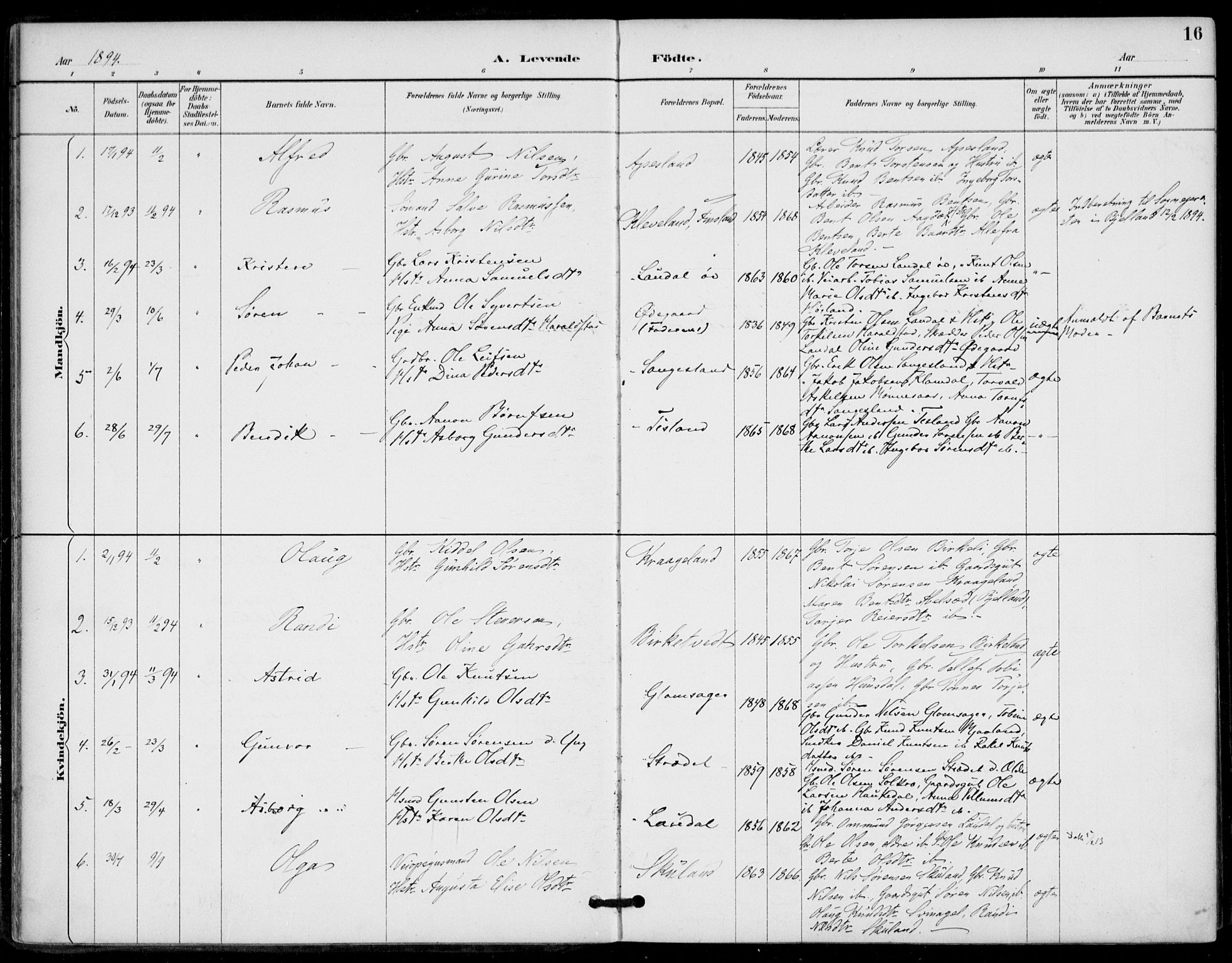 Holum sokneprestkontor, AV/SAK-1111-0022/F/Fa/Fab/L0007: Parish register (official) no. A 7, 1887-1912, p. 16