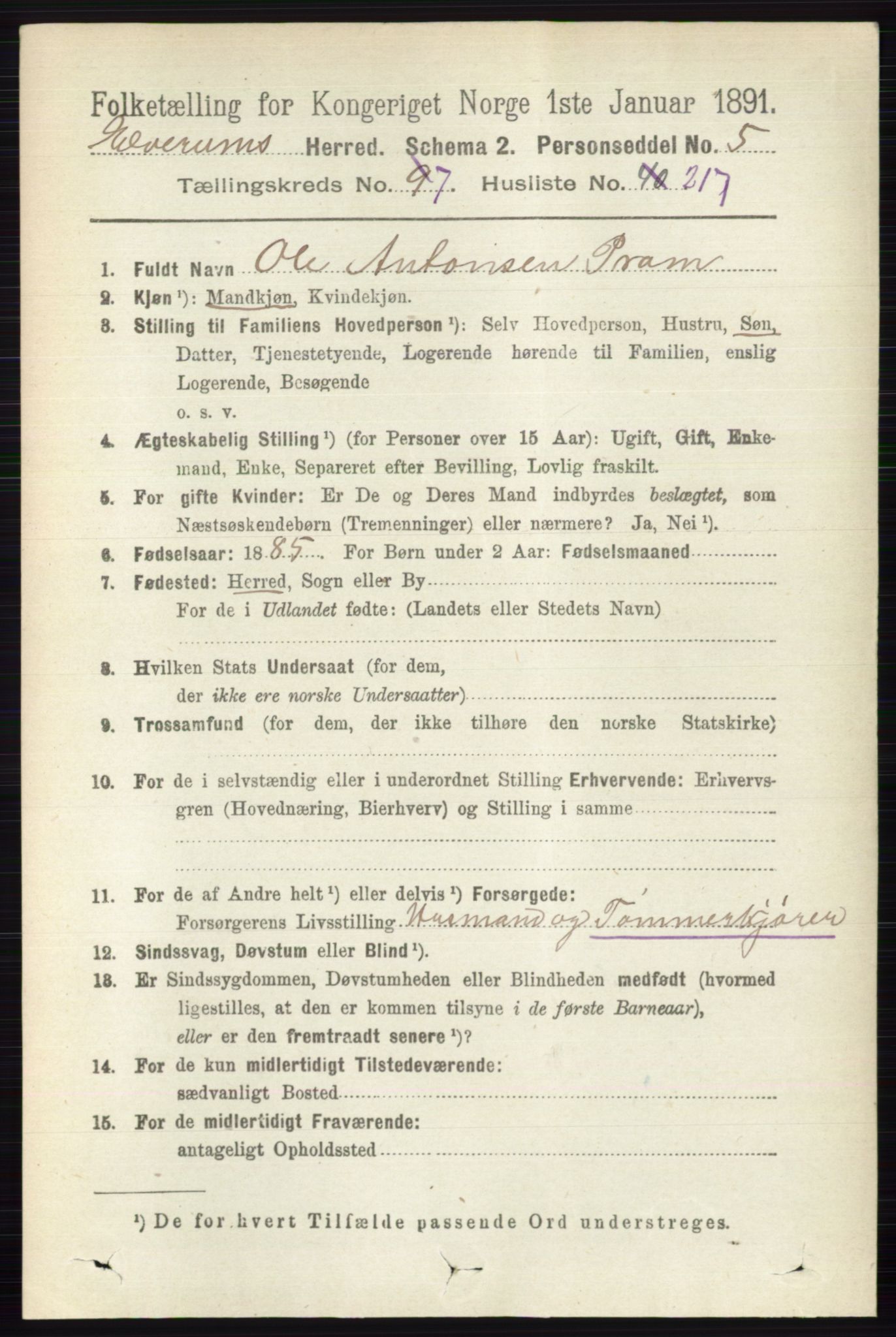 RA, 1891 census for 0427 Elverum, 1891, p. 6909