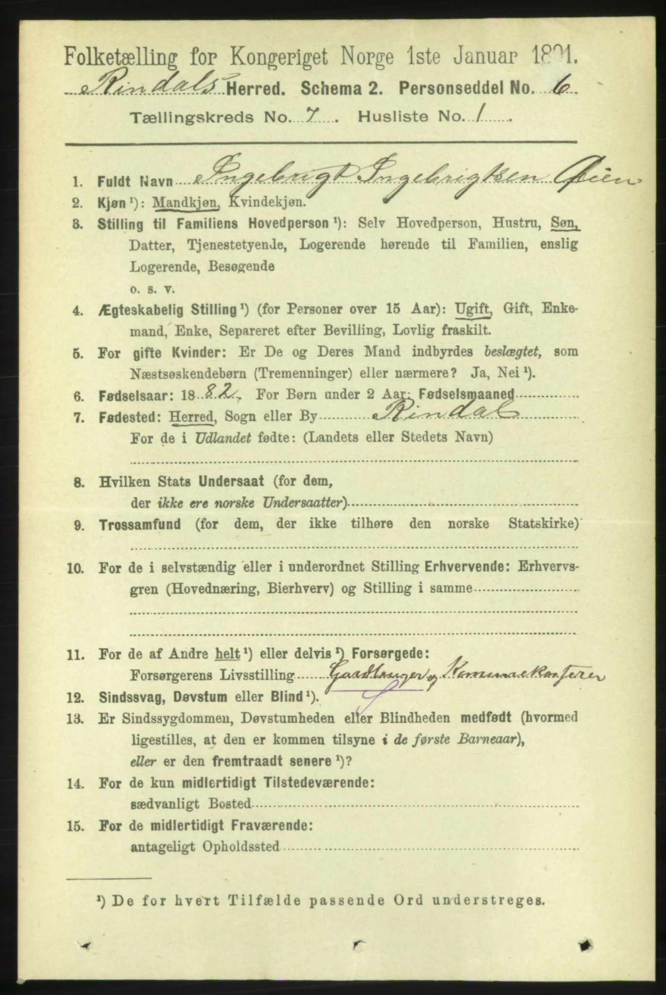 RA, 1891 census for 1567 Rindal, 1891, p. 2031