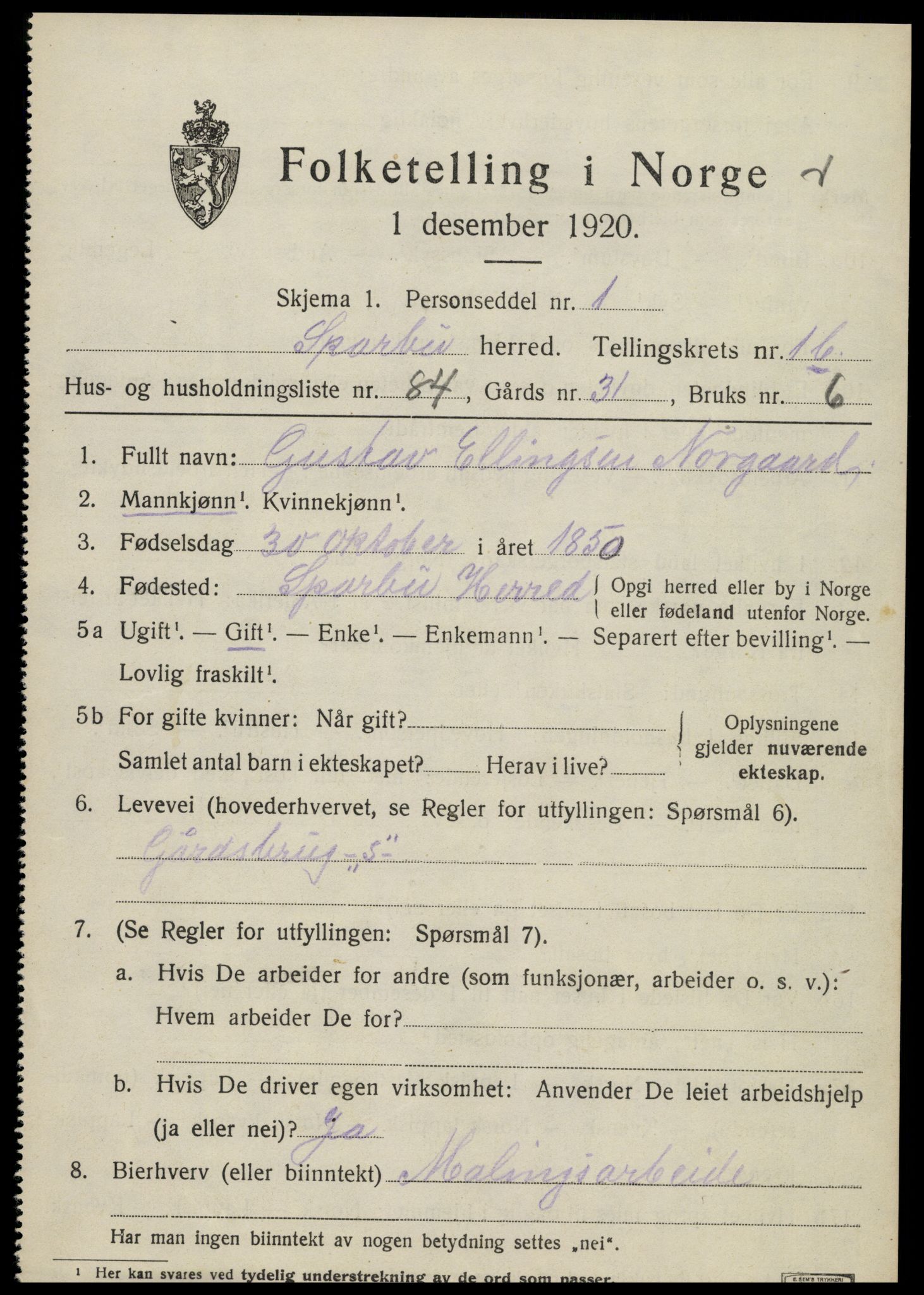 SAT, 1920 census for Sparbu, 1920, p. 3171