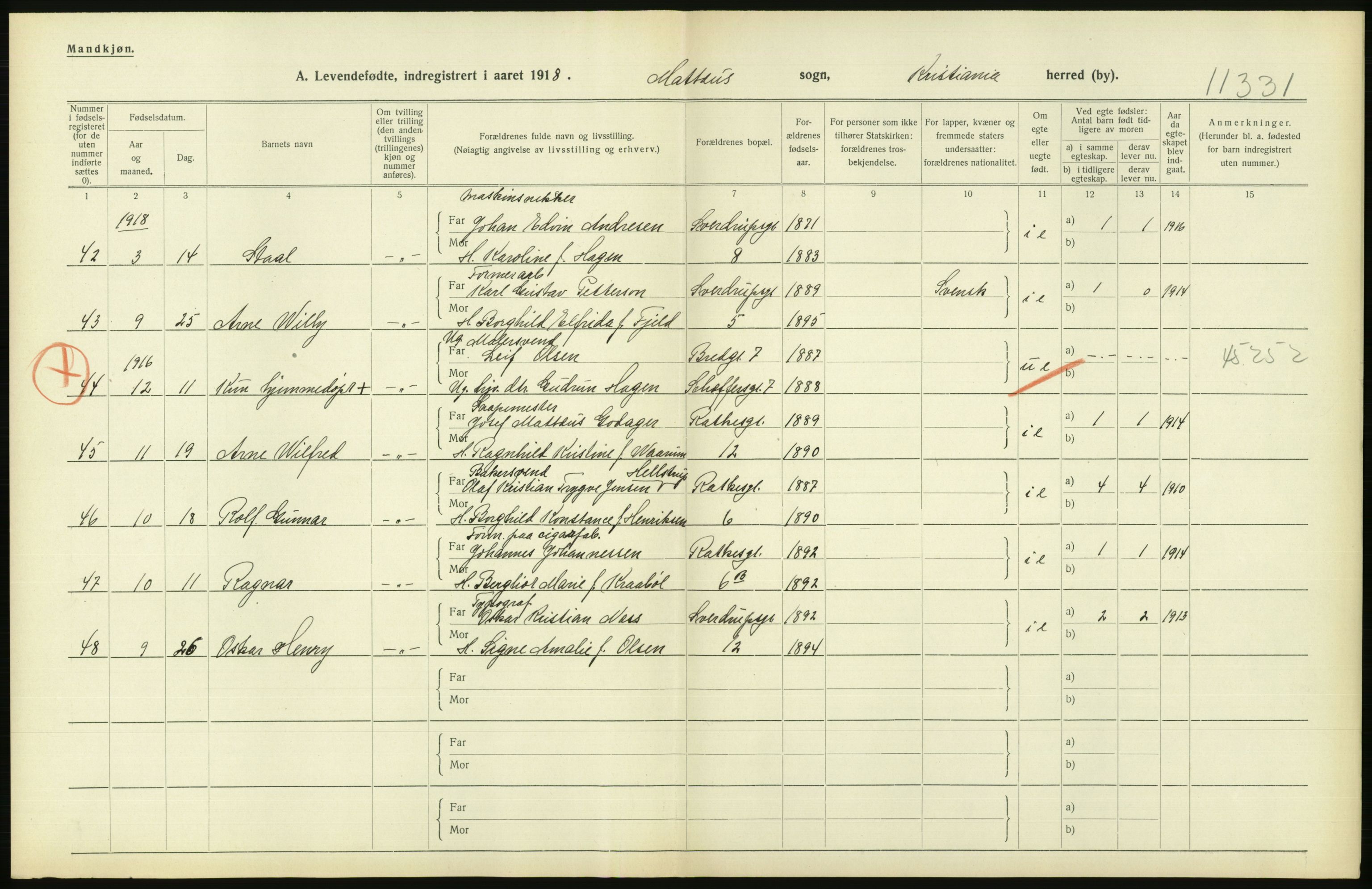 Statistisk sentralbyrå, Sosiodemografiske emner, Befolkning, AV/RA-S-2228/D/Df/Dfb/Dfbh/L0008: Kristiania: Levendefødte menn og kvinner., 1918, p. 70