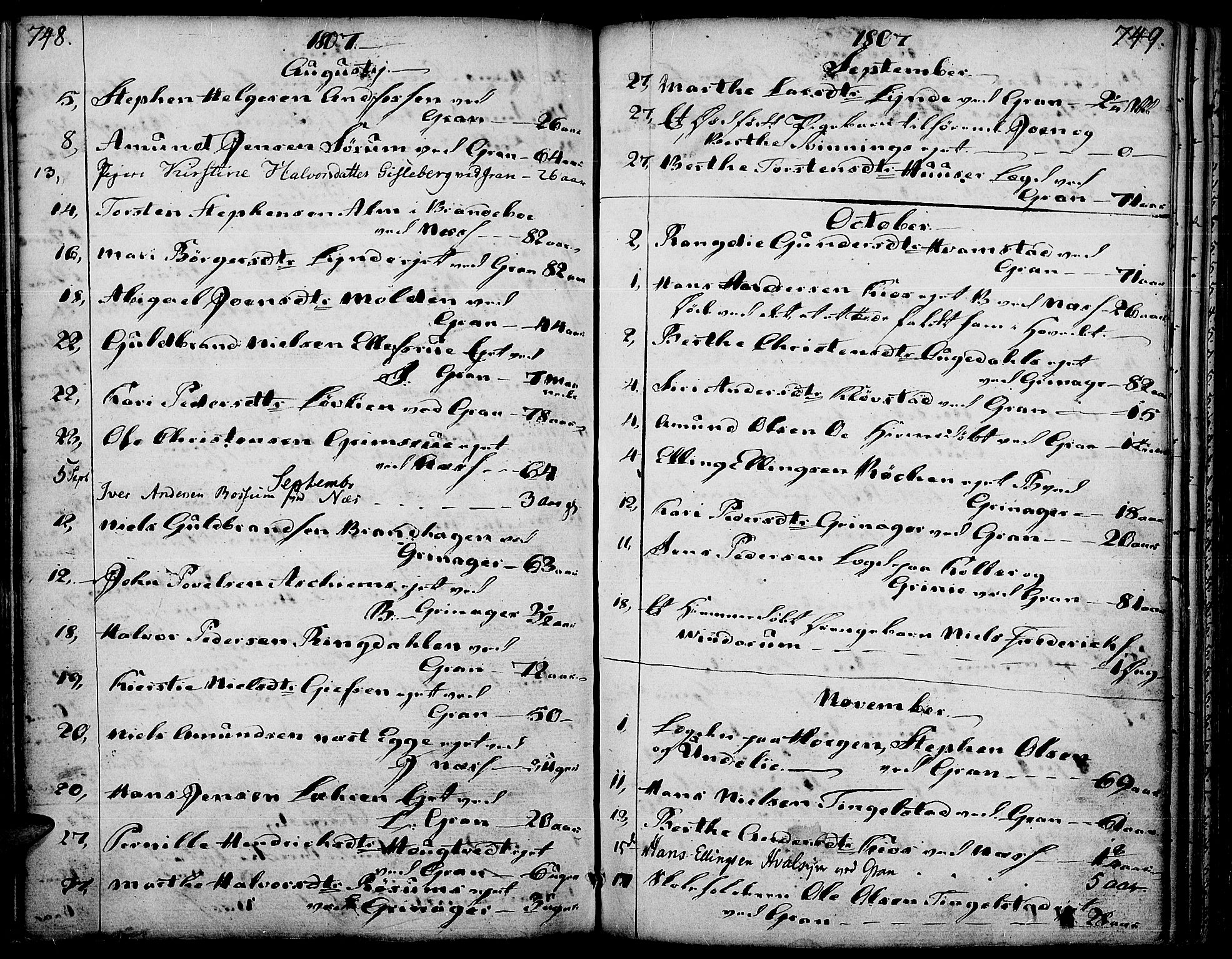 Gran prestekontor, SAH/PREST-112/H/Ha/Haa/L0006: Parish register (official) no. 6, 1787-1824, p. 748-749