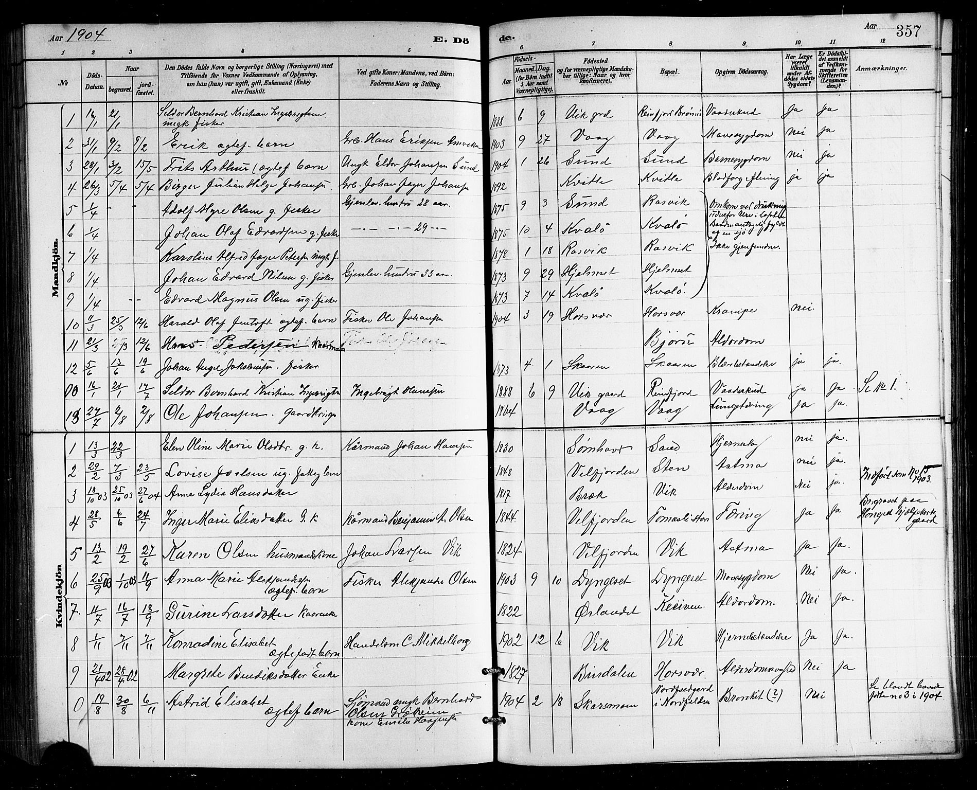 Ministerialprotokoller, klokkerbøker og fødselsregistre - Nordland, AV/SAT-A-1459/812/L0188: Parish register (copy) no. 812C06, 1884-1912, p. 357